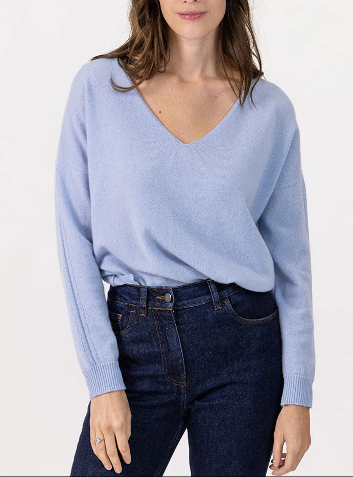 Pull femme col V laine et cachemire bleu