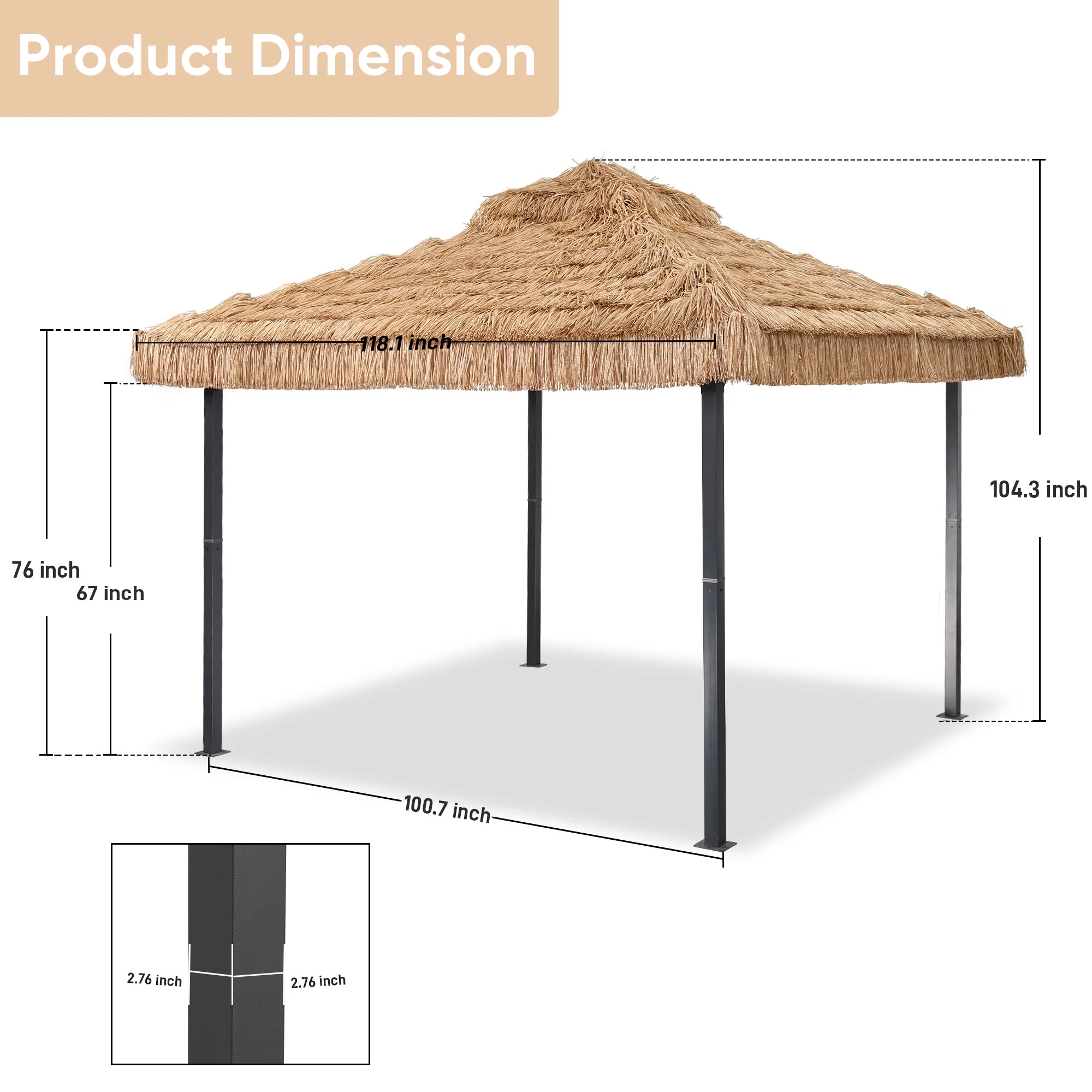 Ainfox 10x10 Thatched Tiki Pavilion Gazebo, Patio Gazebo with Straw Thatch Roofing, Hawaiian Style Steel Frame