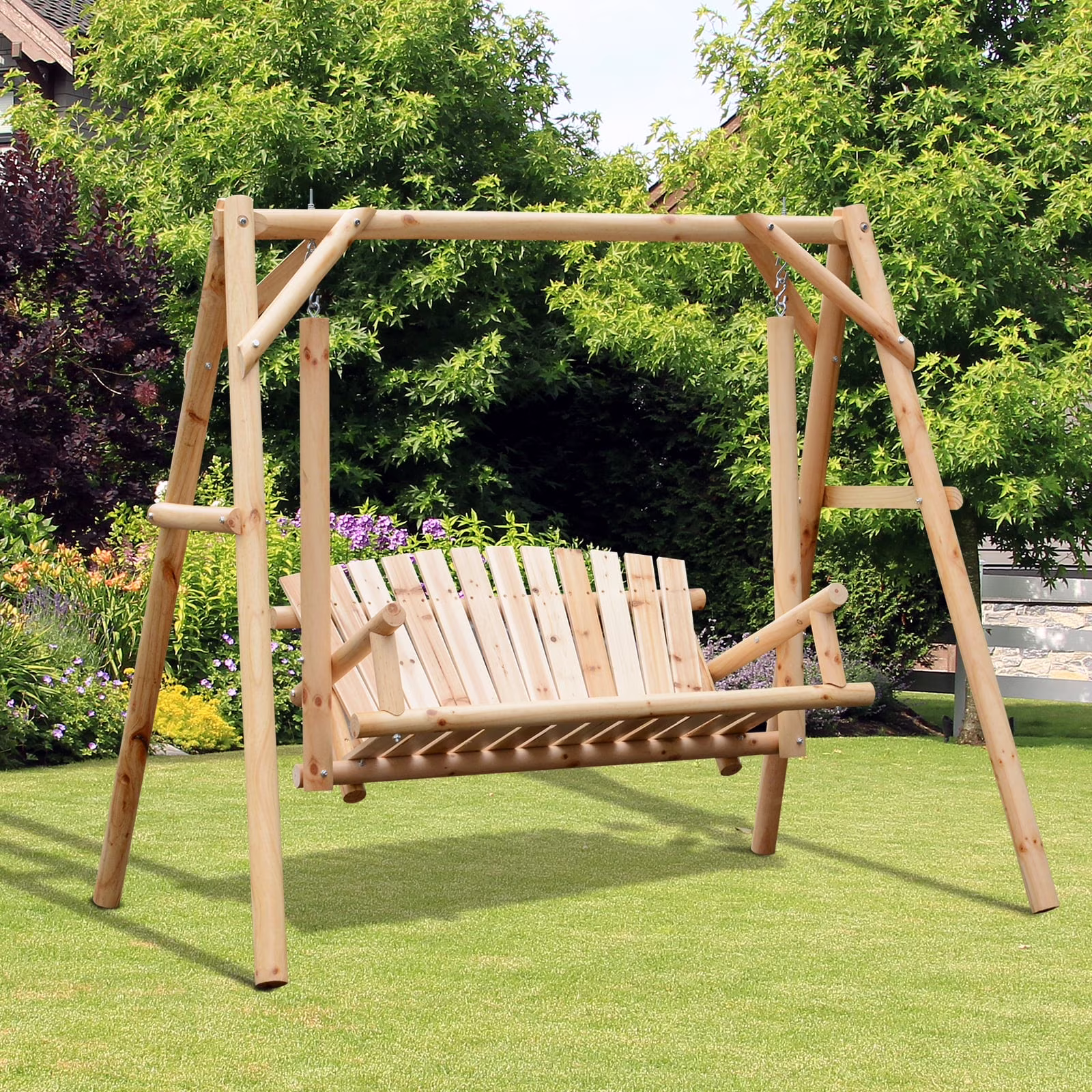 Outsunny Wooden Swing Bench, Garden Swing Chair, Brown