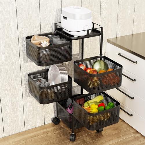 Fruit Basket For Kitchen, 5 Tier Circular Rotating Basket, Removable Basket Shelf Organizer On Rolling Wheels, Fruit Vegetable Metal Wire Shelf