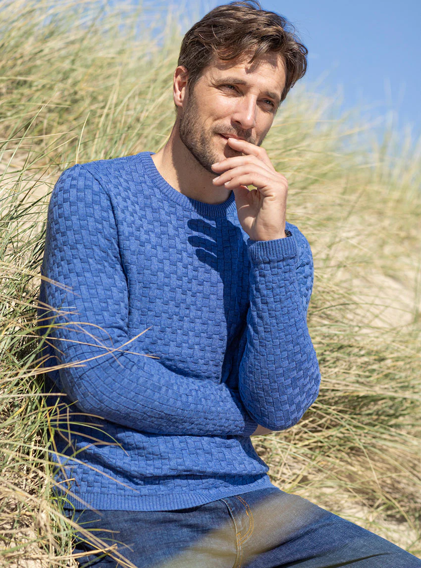 Pull homme damier en laine bleu jean