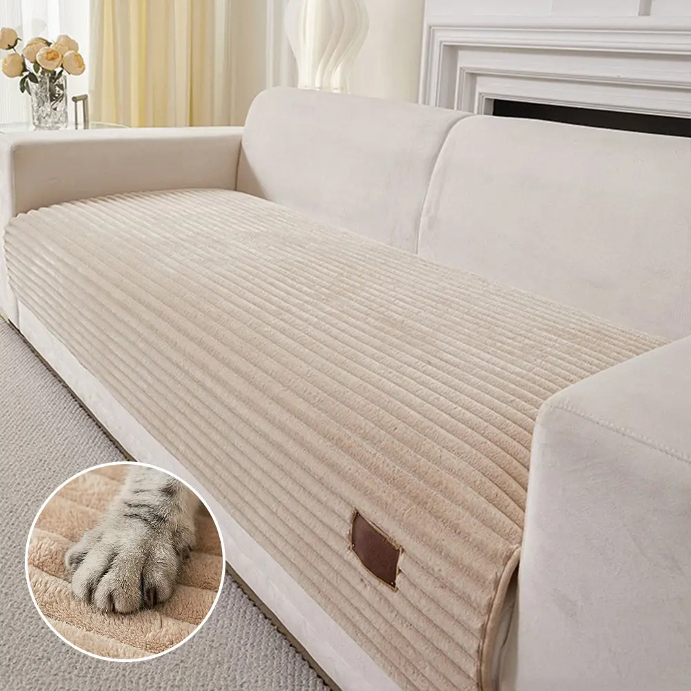 Furry Striped Sofa Protection Non-Slip Plush Couch Cover - Solid