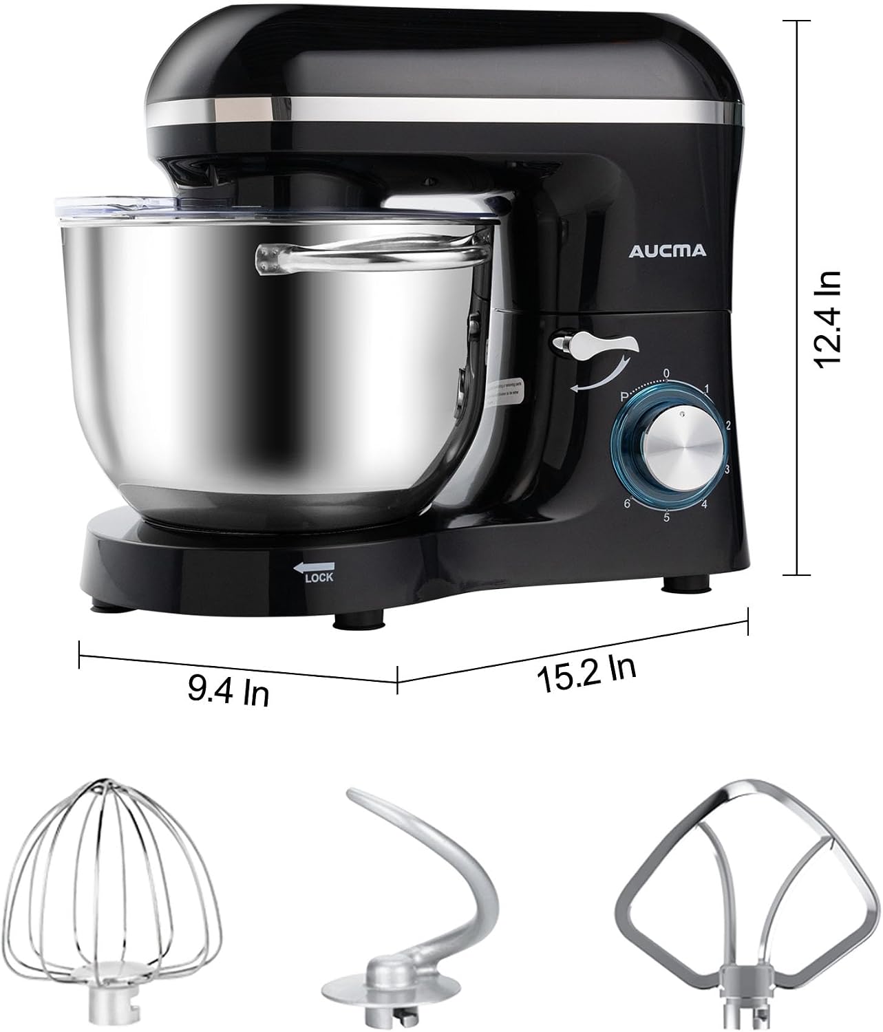 Aucma Stand Mixer, 6.5-QT 660W 6-Speed Tilt-Head Food Mixer, Kitchen Electric Mixer with Dough Hook, Wire Whip & Beater (Black, 6.5QT)