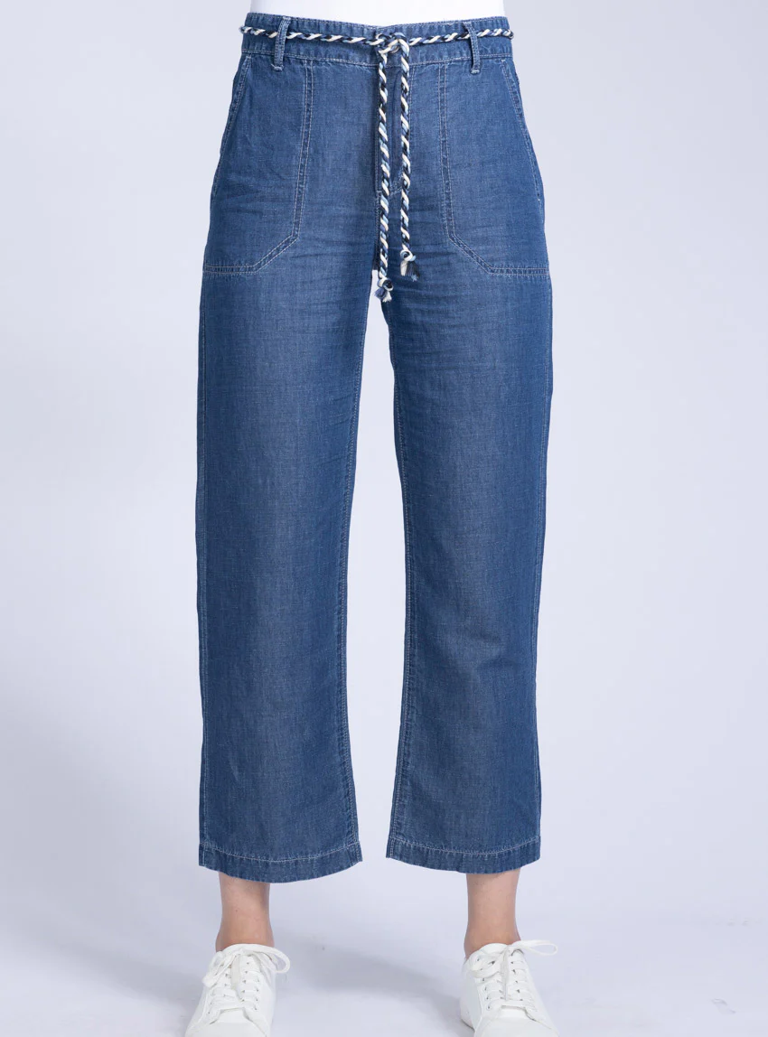 Pantalon 7/8 femme en coton et lin bleu indigo