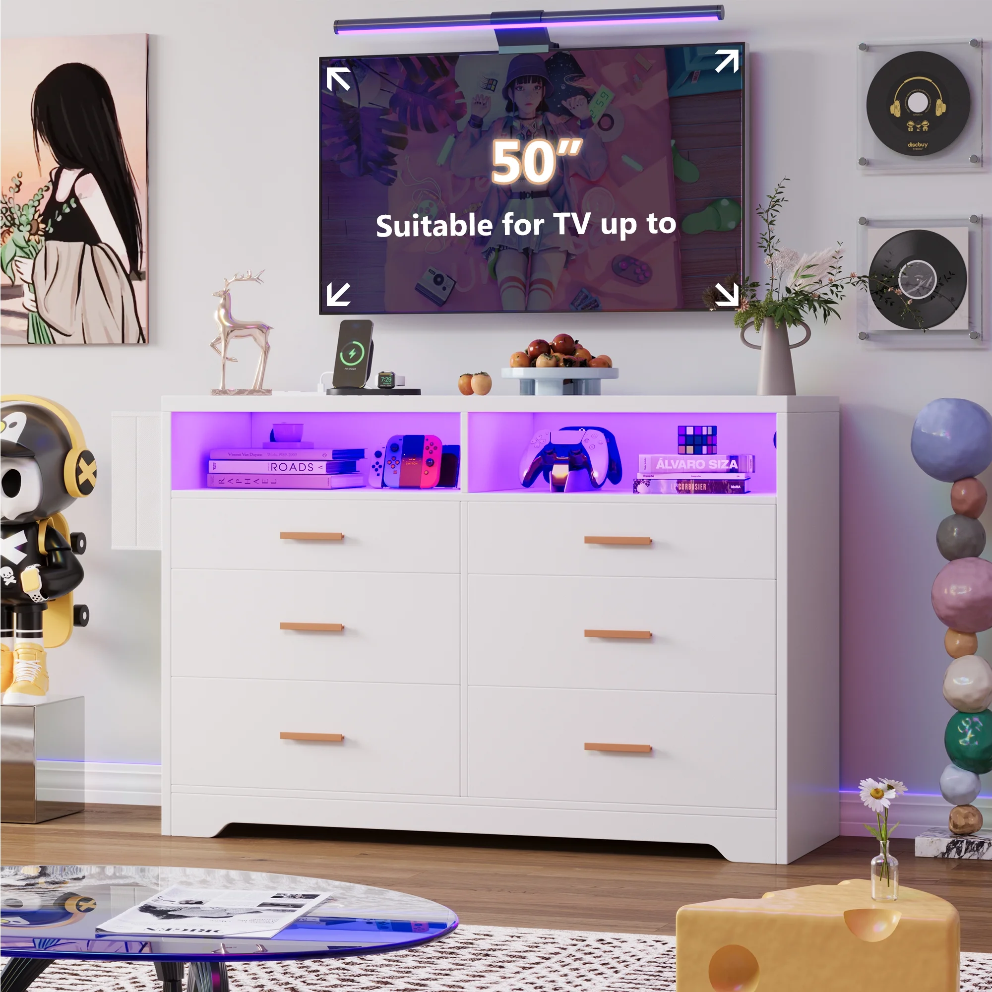 White Dresser for Bedroom,6 Drawers Dresserwith LED Lights and Charging Station, 47" Wide Bedroom Dresser Chest of Drawers Storage Organizer TV Stand for up to 55" TV for Living Room(47"/White) - Image 5