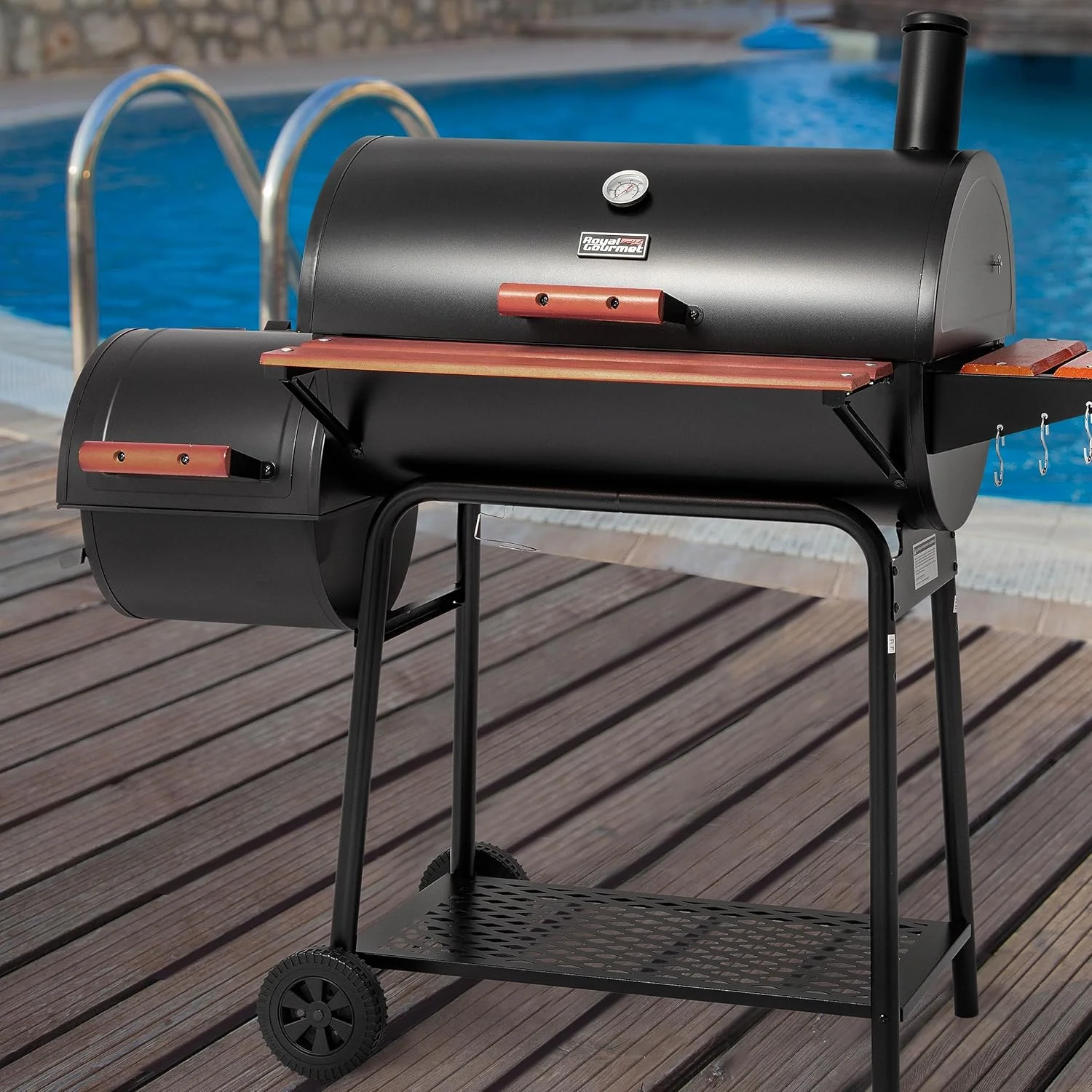 Royal Gourmet CC1830W 30-Inch Charcoal Grill with Offset Smoker and Wood-Painted Side Table Outdoor Smoker Grill with 811 Sq. In. Cooking Area for Outdoor Barbecue Event Black
