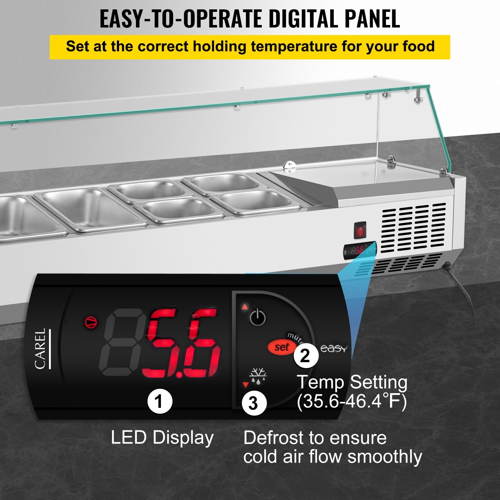 Refrigerated Condiment Prep Station. 48-inch. 10.8Qt Sandwich / Salad Prep Table w/ 3 1/3 Pans & 4 1/6 Pans. 146W Salad Bar w/ 304 Stainless Body Tempered Glass Shield Digital Panel Auto Defrost