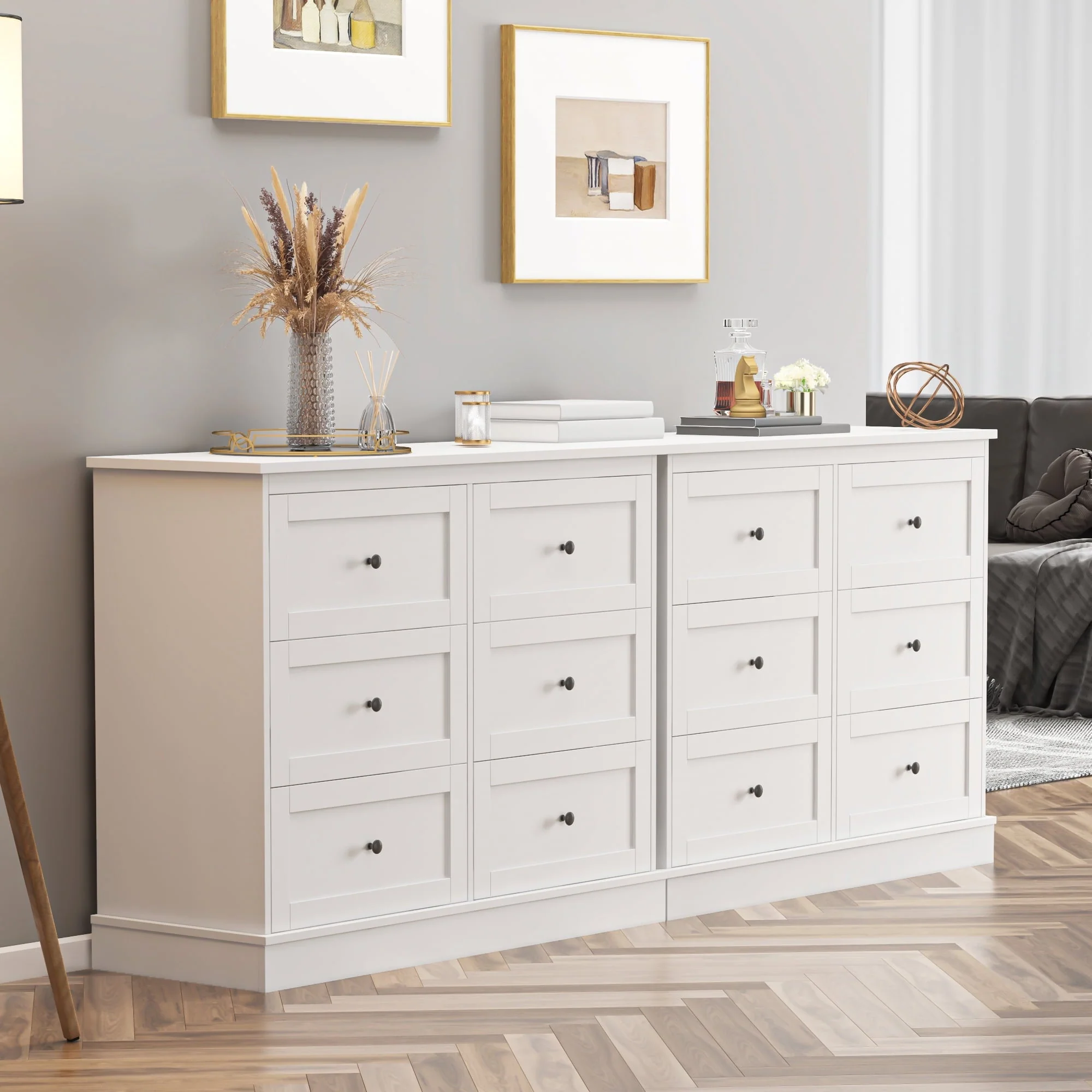 6 Drawer Double Dresser White, Wood Storage Cabinet for Living Room, Chest of Drawers for Bedroom Image 7