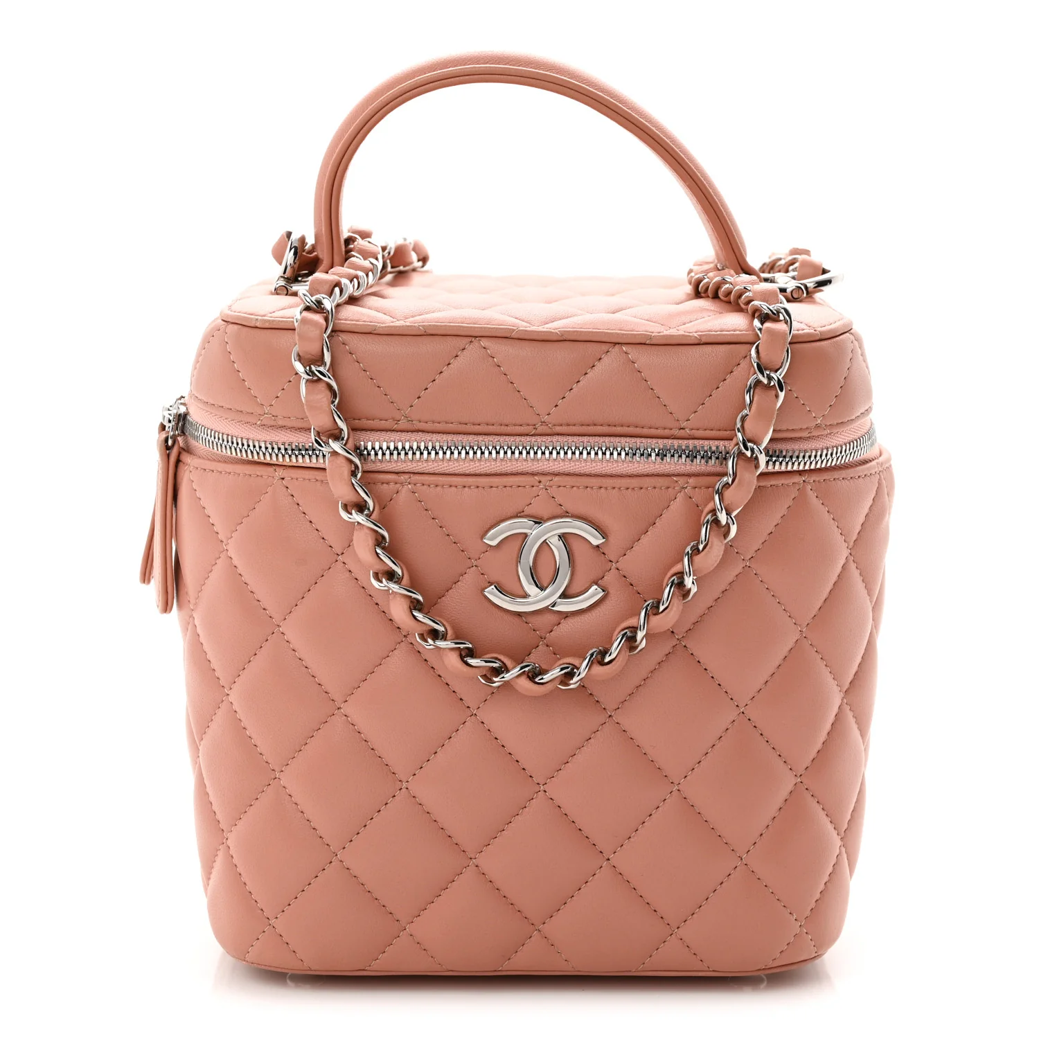 Lambskin Quilted Top Handle Vanity Case With Chain Light Pink