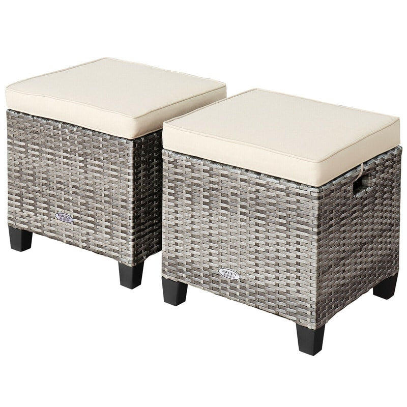 Ensemble de 2 poufs de patio en osier, repose-pieds d'extérieur en rotin avec coussins amovibles