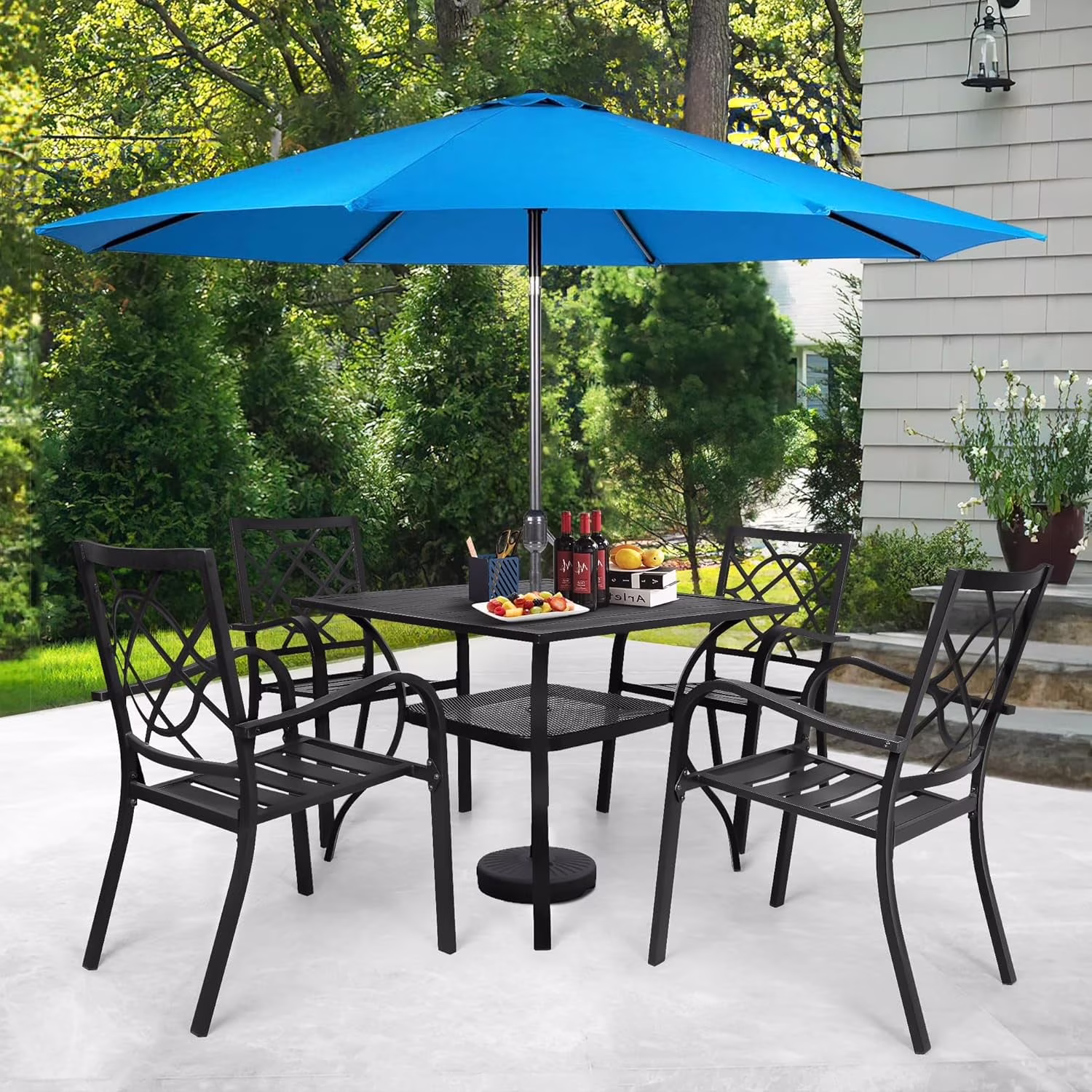 SUNCROWN 5-Piece Outdoor Wrought Iron Chairs and Table Patio Dining Furniture Set - 4 Stackable Metal Chairs, 1 Steel Slat Bistro Table and 1 Sky Blue 9Ft Patio Umbrella for Garden Backyard Deck