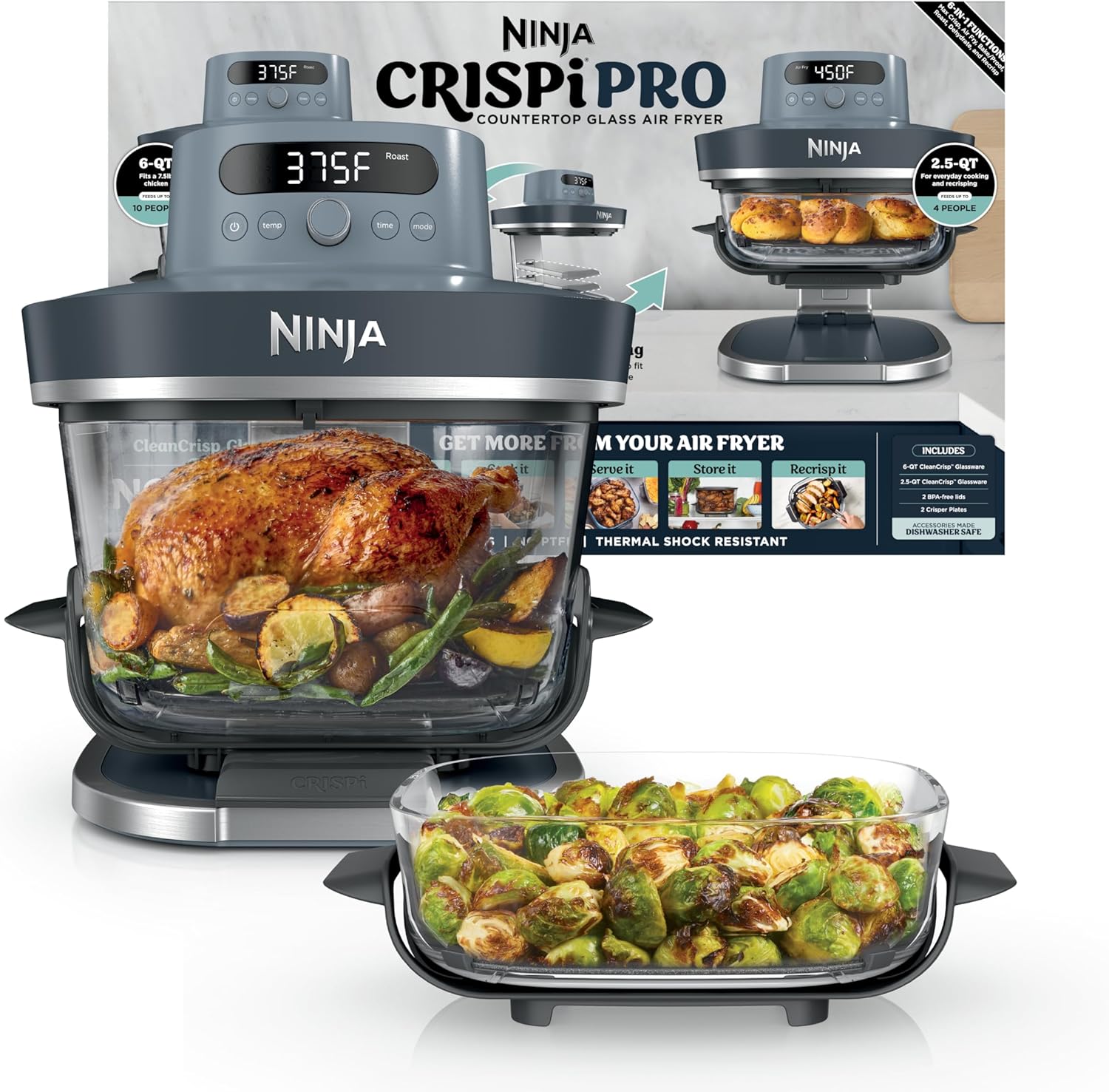Ninja Crispi Pro Glass Air Fryer, 6-in-1, Ash Grey, AS101DG