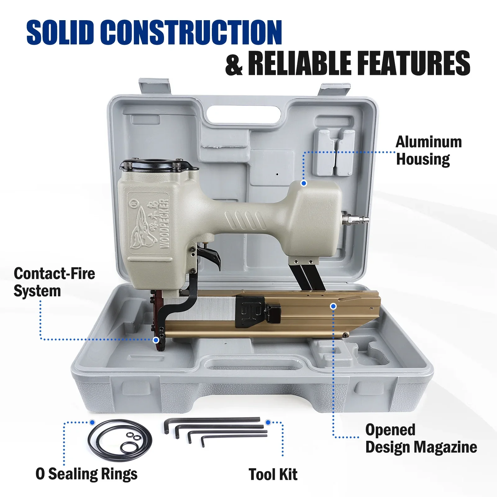 WOODPECKER N851 16GA Pneumatic Heavy Wire Stapler, 1''to 2'' Length,7/16'' Medium Crown Safety Construction