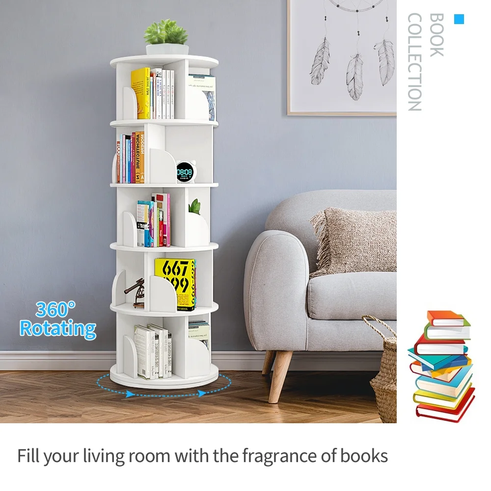 5 Tier Rotating Bookshelf, 360?�� Revolving Bookcase 20 Shelves Floor-Standing Storage Display Rack White 63"x18"x18", Adult(White) - Image 4