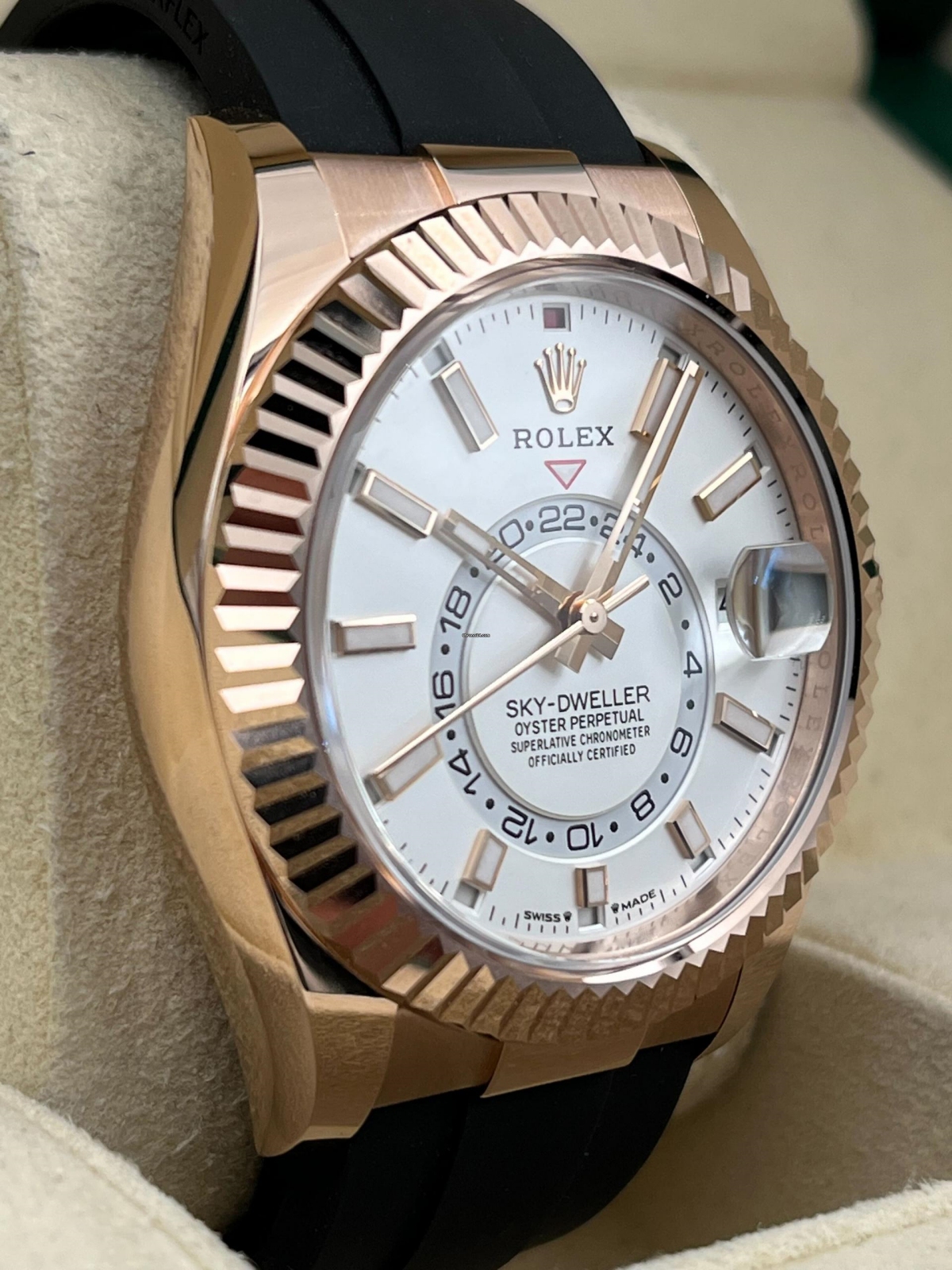 [Super Clone]RLX  Sky-Dweller 42mm Rose Gold White Dial Oysterflex - 336235