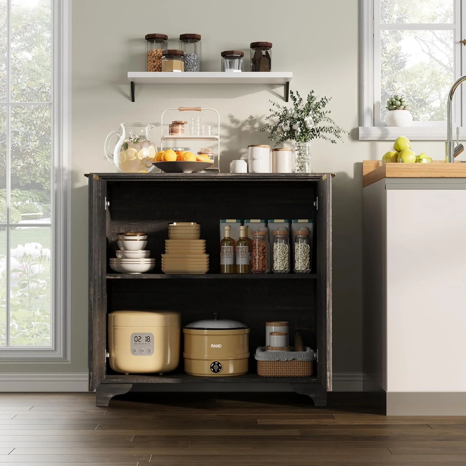 Perfect Deals Await Modern Farmhouse Coffee Bar Cabinet �?Kitchen Storage Cabinet with Fluted Doors, Sideboard Buffet with Adjustable Shelves for Kitchen, Dining Room, and Living Room,White(Dark Oak) - Image 4