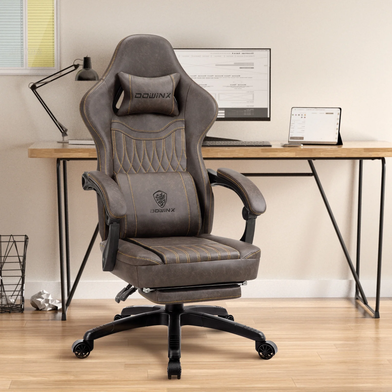 Dowinx Gaming Chair Breathable PU Leather Gamer Chair with Pocket Spring Cushion, Ergonomic Computer Chair with Massage Lumbar Support, Adjustable Swivel Task Chair with Footrest(Brown)