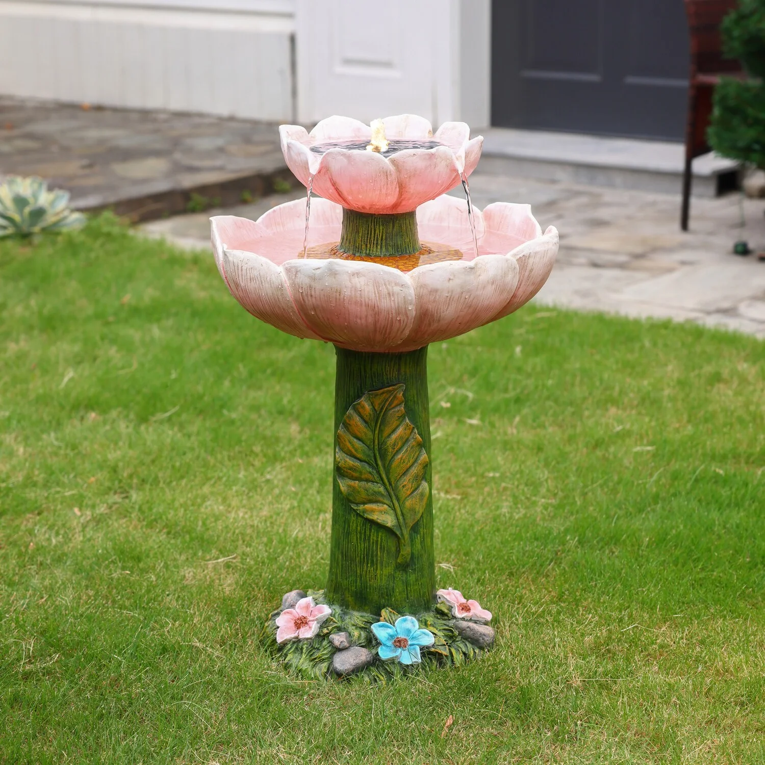 Luxenhome Solar Powered Pink Flower 2 - Tier Resin Birdbath Fountain with Lights