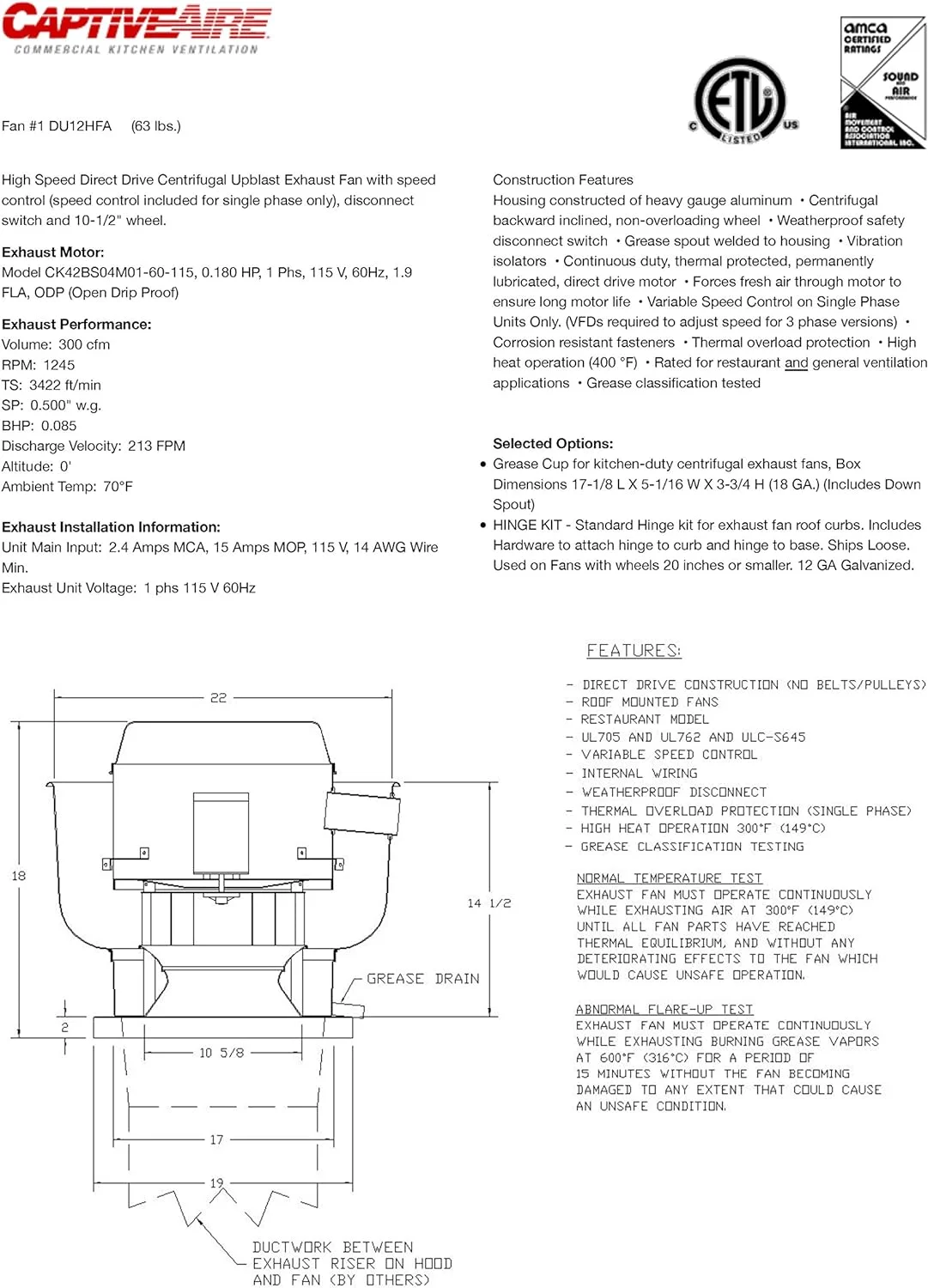 Restaurant Canopy Hood Grease Rated Exhaust Fan- High Speed Direct Drive Centrifugal Upblast Exhaust Fan with speed control- 19" Fan Base, 0.180 HP 115 Volt Single Phase Motor, 100-500 CFM (DU12HFA)(DU12HFA) - Image 8
