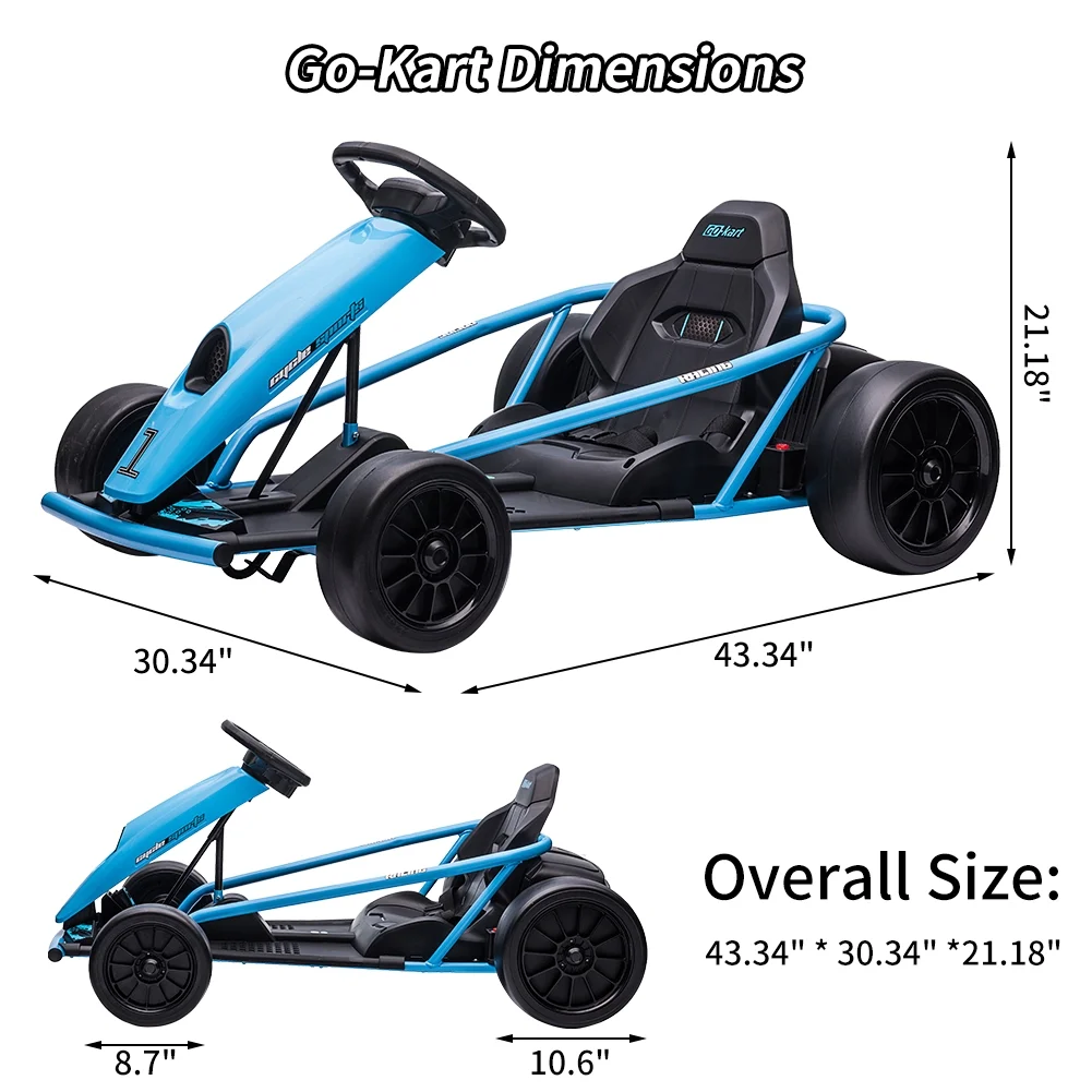 Go Kart for Kids 24V Battery 300WX2 Motors Pedal On Foot Go Cart 8MPH High Speed Drifting Car with Slow Start Function Music Elastic Durable Tires, Blue(Blue) - Image 7