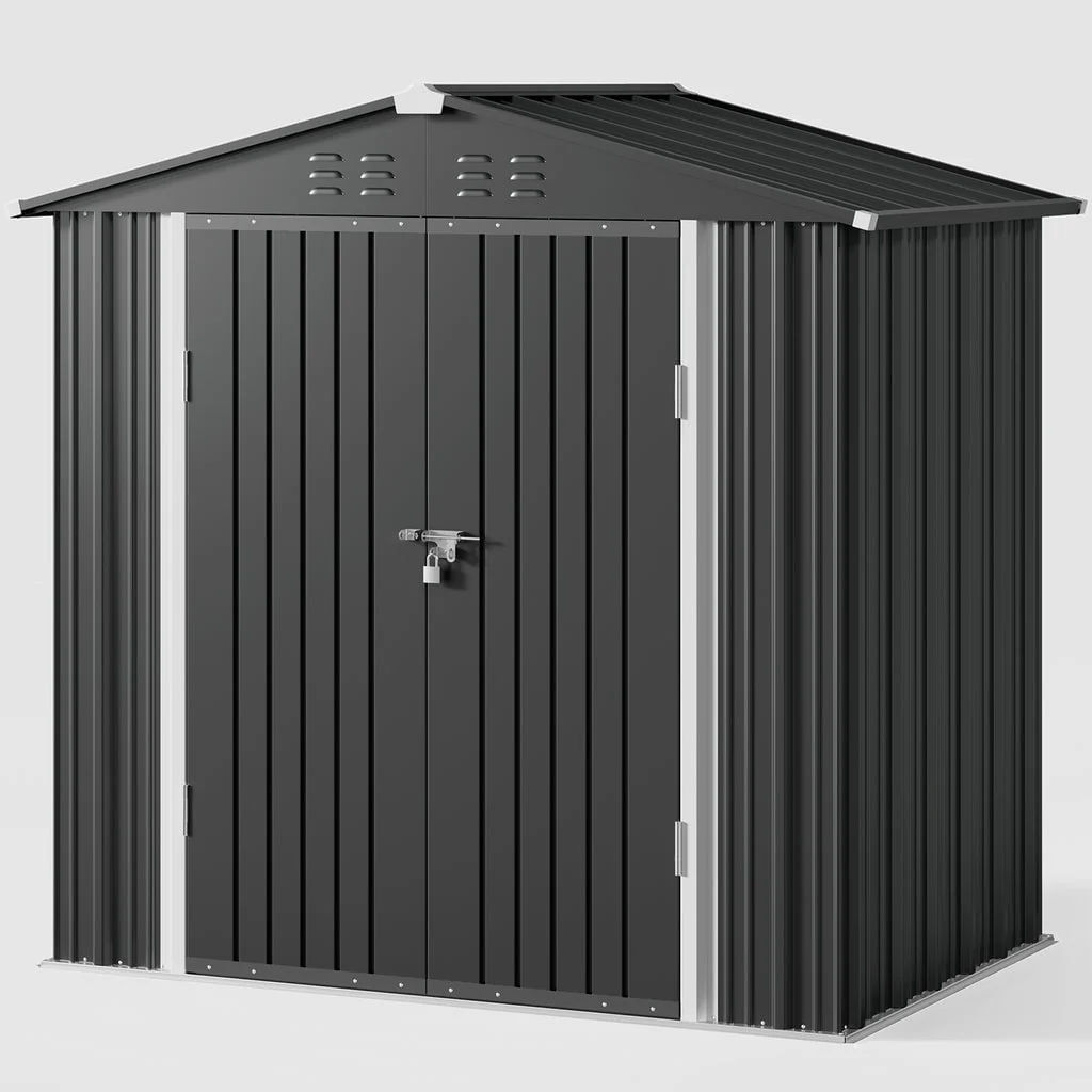 8 x 6 FT Outdoor Storage Shed on Clearance with Metal Base Frame and Double Lockable Doors for Garden, Patio Gray(6' x 4'/Brown) Image 4