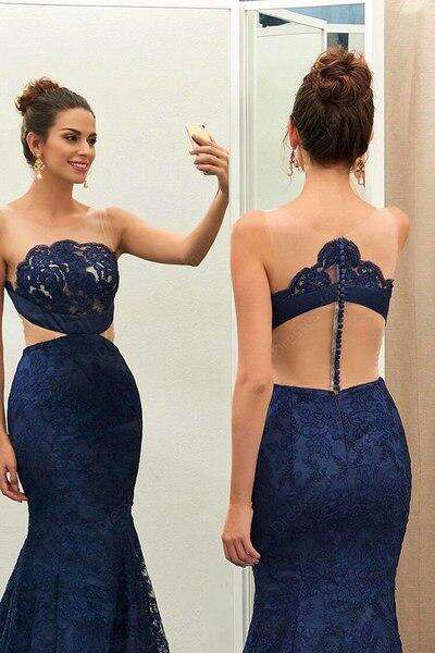 Unique Navy Blue Lace See-through Round Neck Mermaid Floor-length Prom Dress DM986