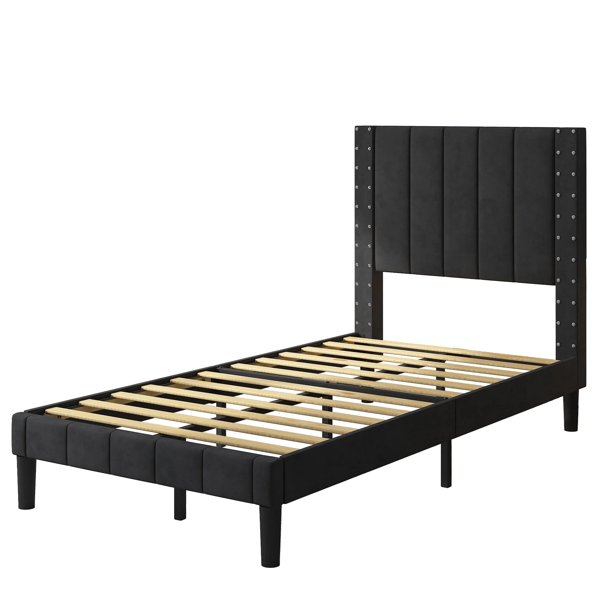 BTMWAY Twin Size Bed Frame, Upholstered Fabric Platform Bed with Riveted Decorative Headboard, No Box Spring Needed, Twin Bed Frame for Kids Teens Adults, 500lbs Capacity, Easy Assembly, Black(Twin/Beige)
