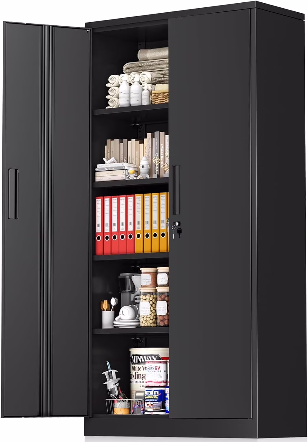 71" Metal Garage Storage Cabinet with Locking Doors and Adjustable Shelves for Home, Office(Black)(Black)