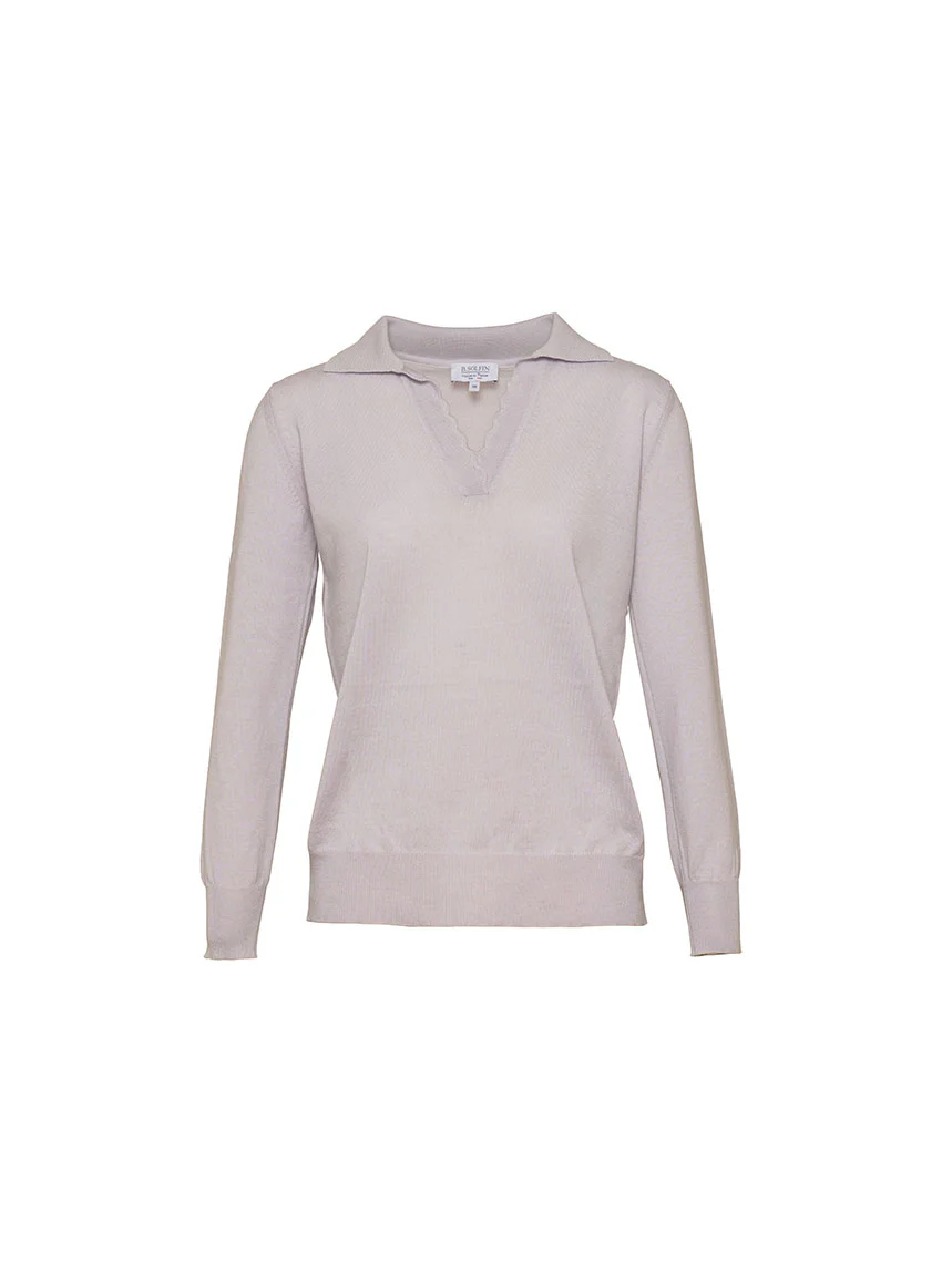 Pull col polo femme en laine mérinos gris