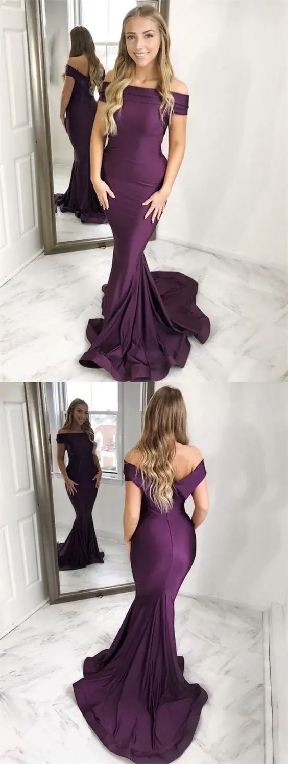 New Arrival Mermaid Off-the-Shoulder Sweep Train Grape Prom Dress with Ruched DMF56