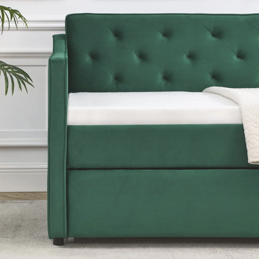 Twin Size Daybed with Trundle, Modern Button Tufted Linen Upholstered Sofa Day Bed Frame with A Roll Out Trundle, Bedframe Furniture for Bedroom Living Room Guest Room,Green Image 9