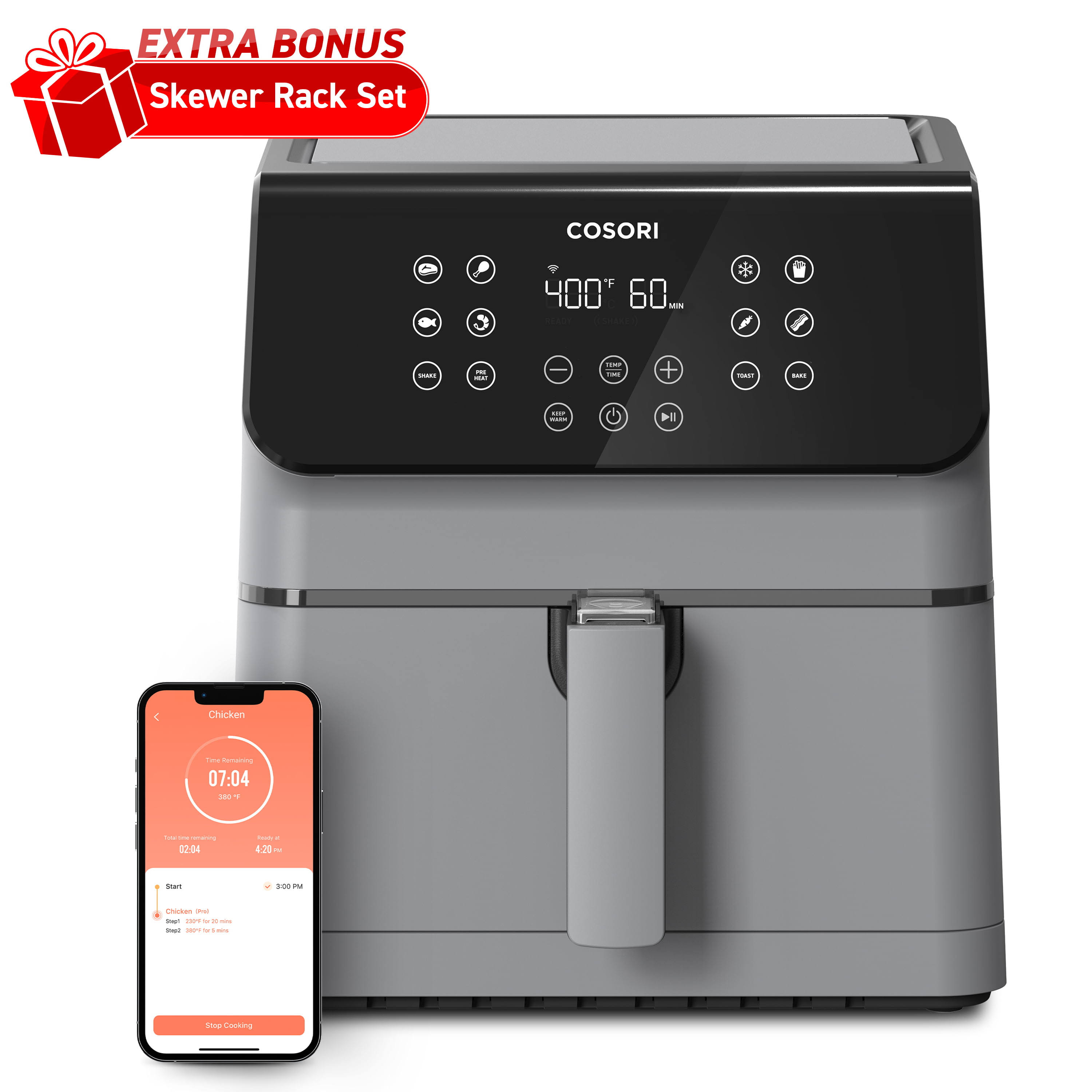 Cosori Pro II 5.8-Quart Smart Air Fryer, 12-in-1, Walmart Exclusive Bonus, Voice Control, Light Gray