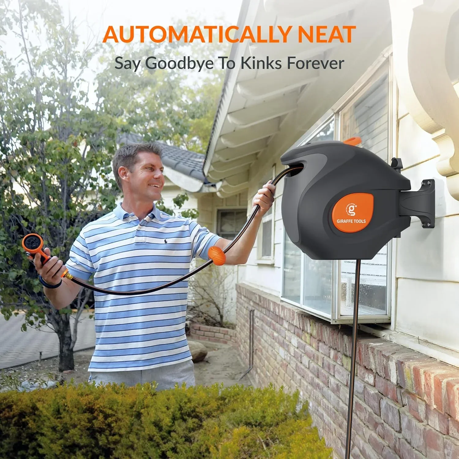 Giraffe Tools Retractable Garden Hose Reel with 1/2in-100ft Water Hose, Plastic Bracket, Wall Mounted, Dark Grey