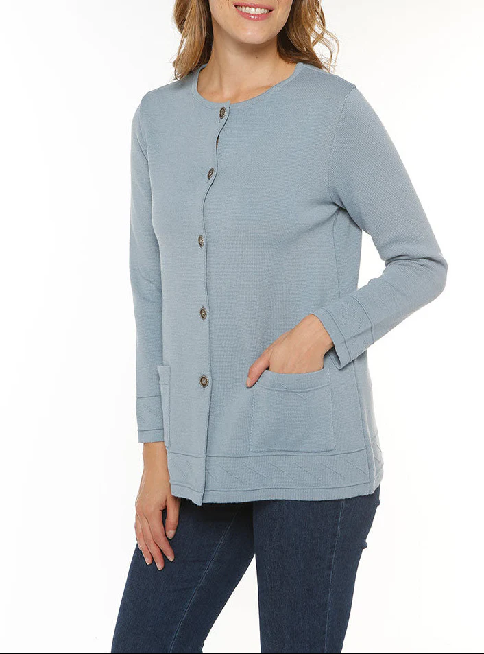 Veste longue femme en laine bleu brume