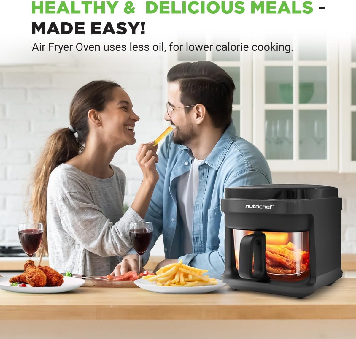 Nutrichef 5.8 Quart Air Fryer| 8-1 Preset Cook Modes| Transparent Fry Bowl for Best Cooking Results| Cook Shrimp, Steak, Fries, Wings, Chicken & More| Precise Temperature Control & Timing| Grey