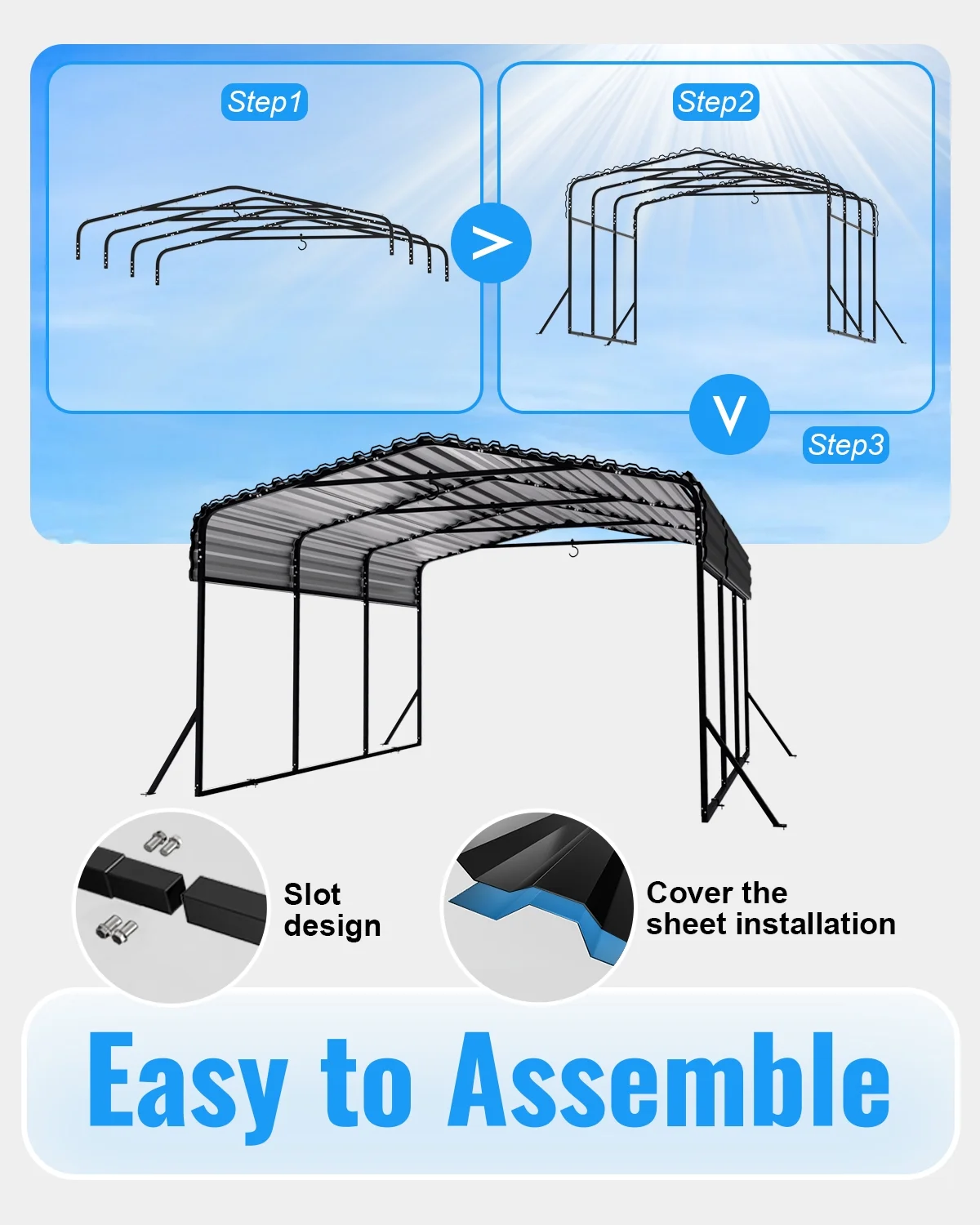10x15FT Heavy Duty Metal Carport, Outdoor Carport Canopy with Iron Roof, Durable All-Weather Carport for Cars, Trucks, Boats Outdoor Equipment, Easy Quick-Install Assembly(10*15FT) - Image 4