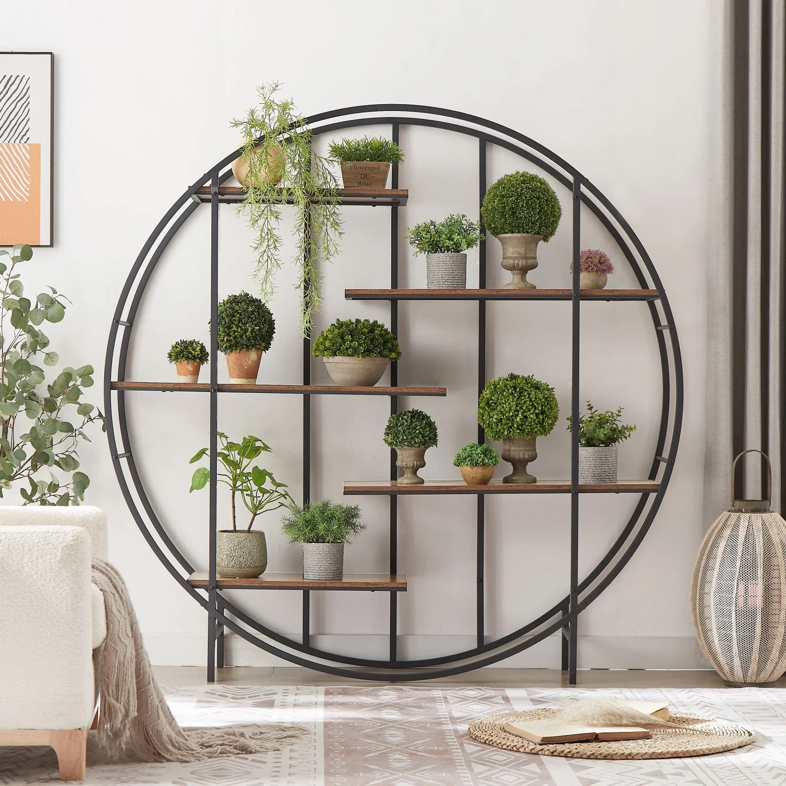 GymChoice Round Bookcase, Industrial Bookshelf Multi-Functional Plant Display Stand with 5 Shelving Units, Circle Retro Display Shelf for Living Room Terrace Garden Balcony, Rustic Brown