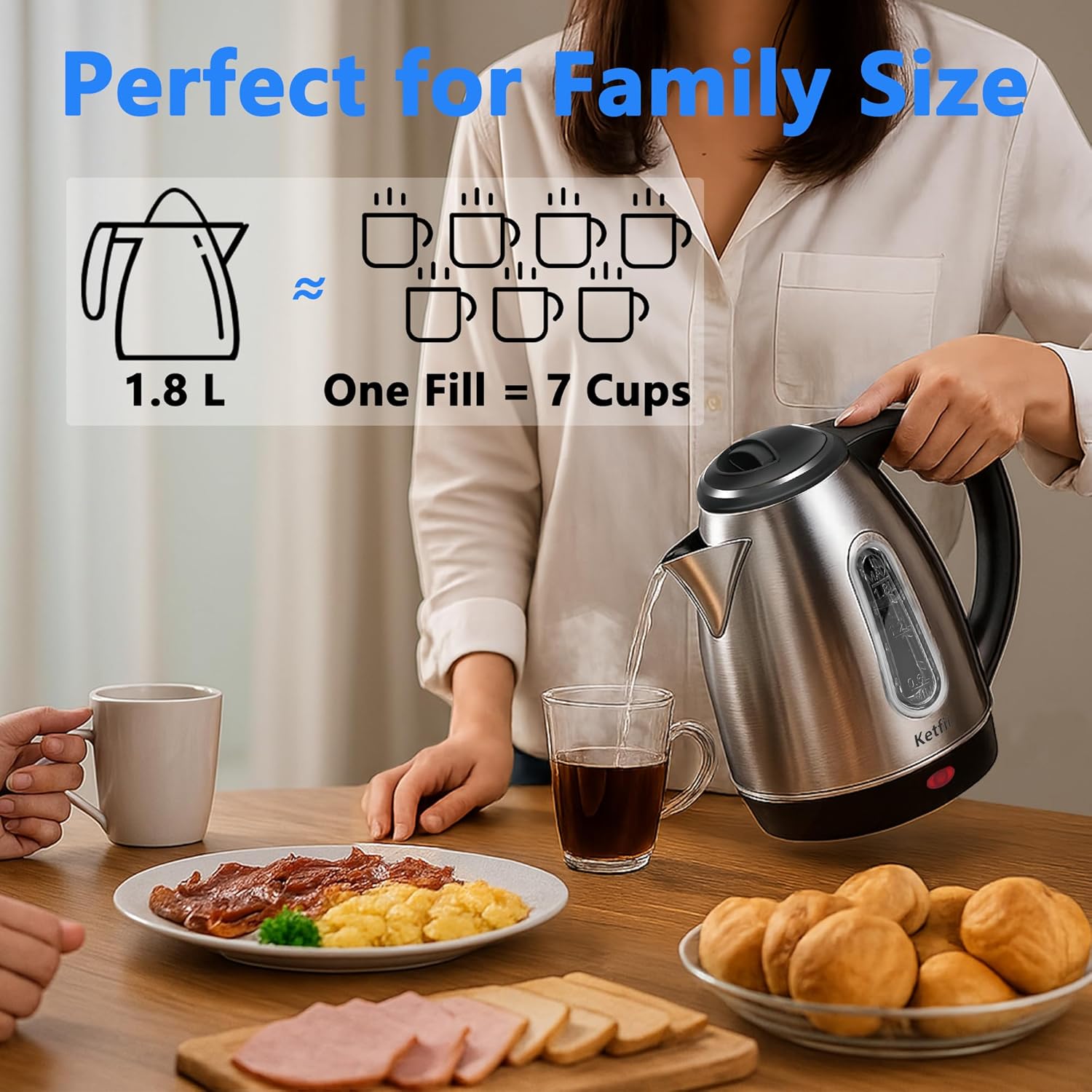 Stainless Steel Electric Kettle, 1.8 Liters Tea, Coffee Kettle & Hot Water Boiler, 360 °   Swivel Base, BPA Free, Auto Shut-Off, Boil-Dry Proof, 1100W