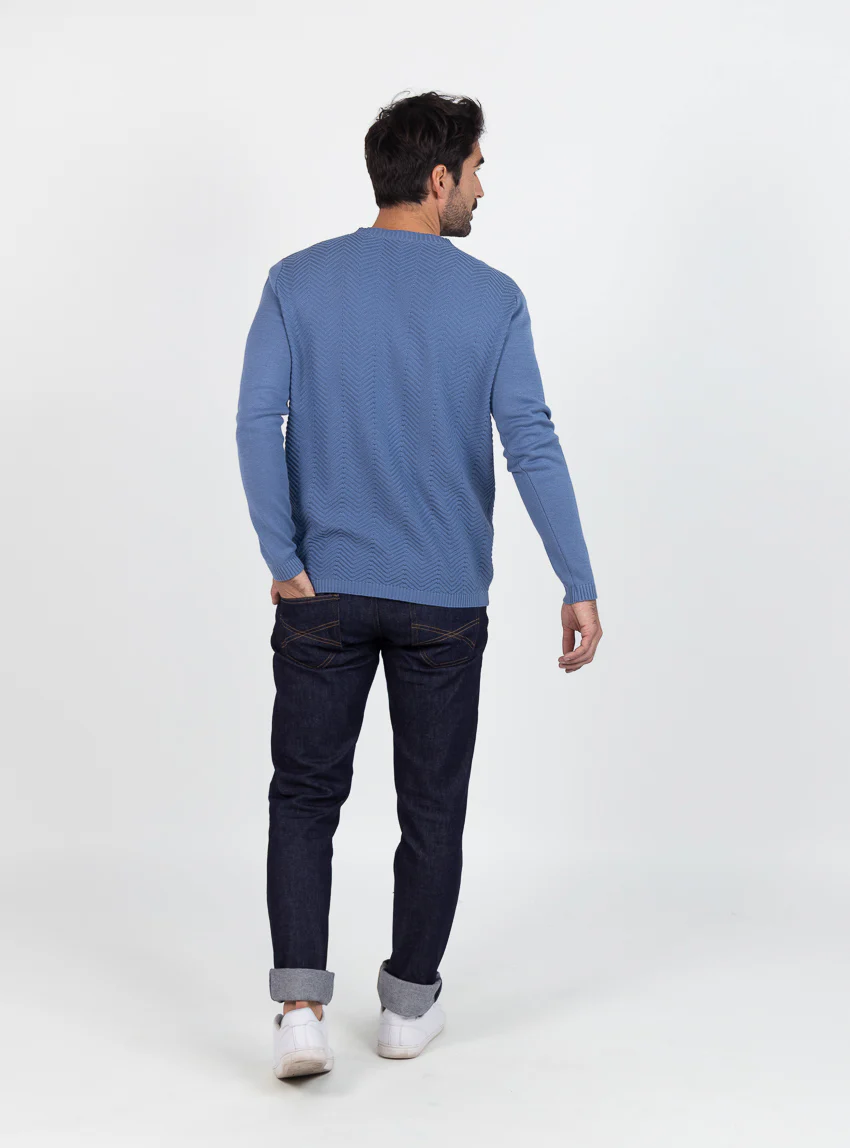 Pull homme col V chevrons en coton Bleu infini