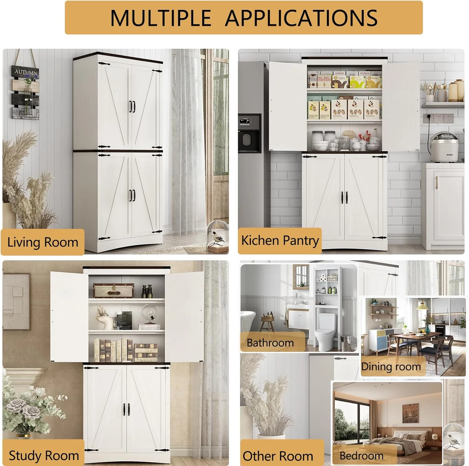 71" Tall Farmhouse Kitchen Pantry Cabinet, 5 Layers Storage Cabinet with Adjustable Shelves, Farmhouse Pantry Cabinet with 4 Barn Doors for Kitchen, Dining Room, Bathroom, Living Room, Rustic White(White-4 Barn Doors) - Image 2