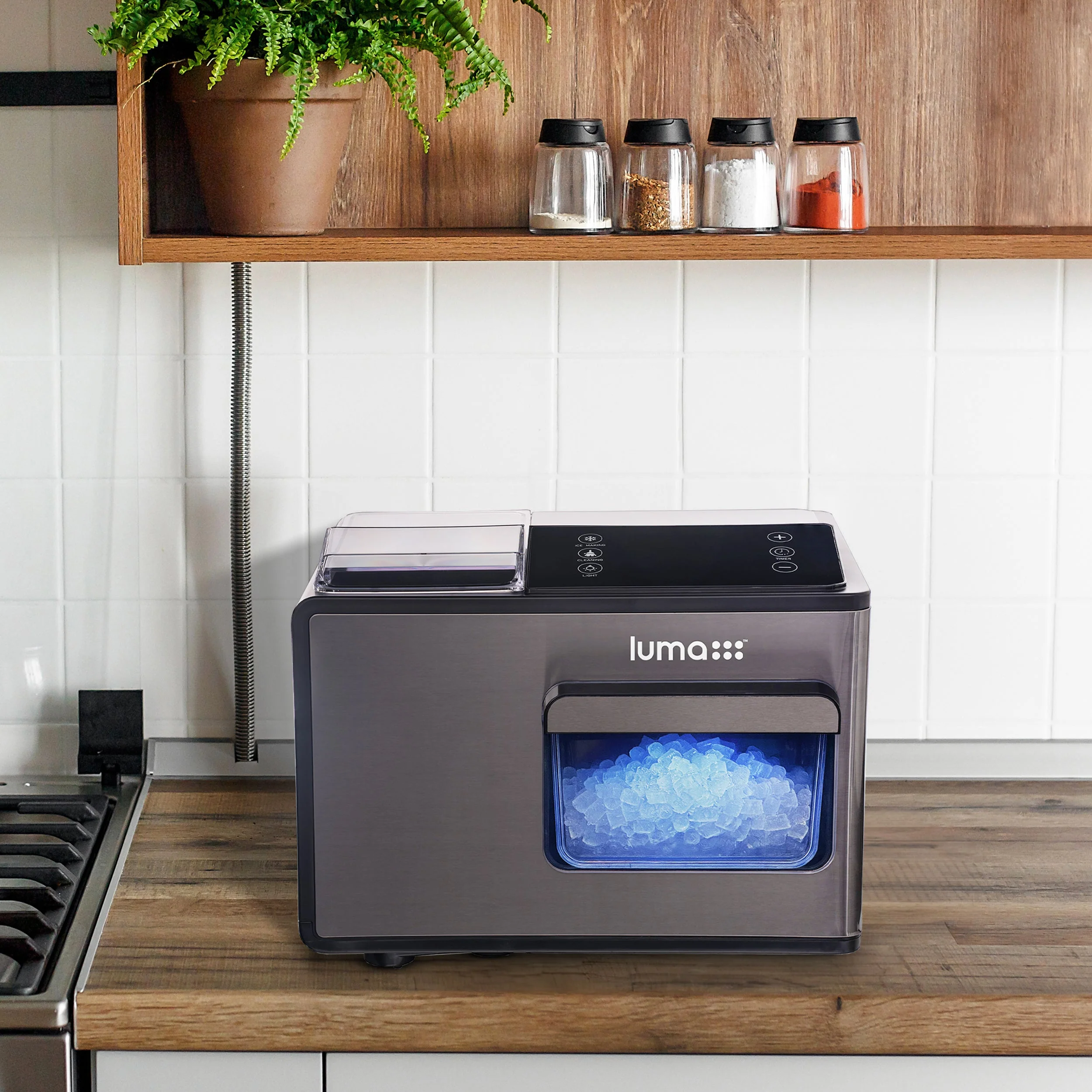 Luma Countertop Ice Maker. Nugget Ice, 44 lbs/day - Black Stainless Steel