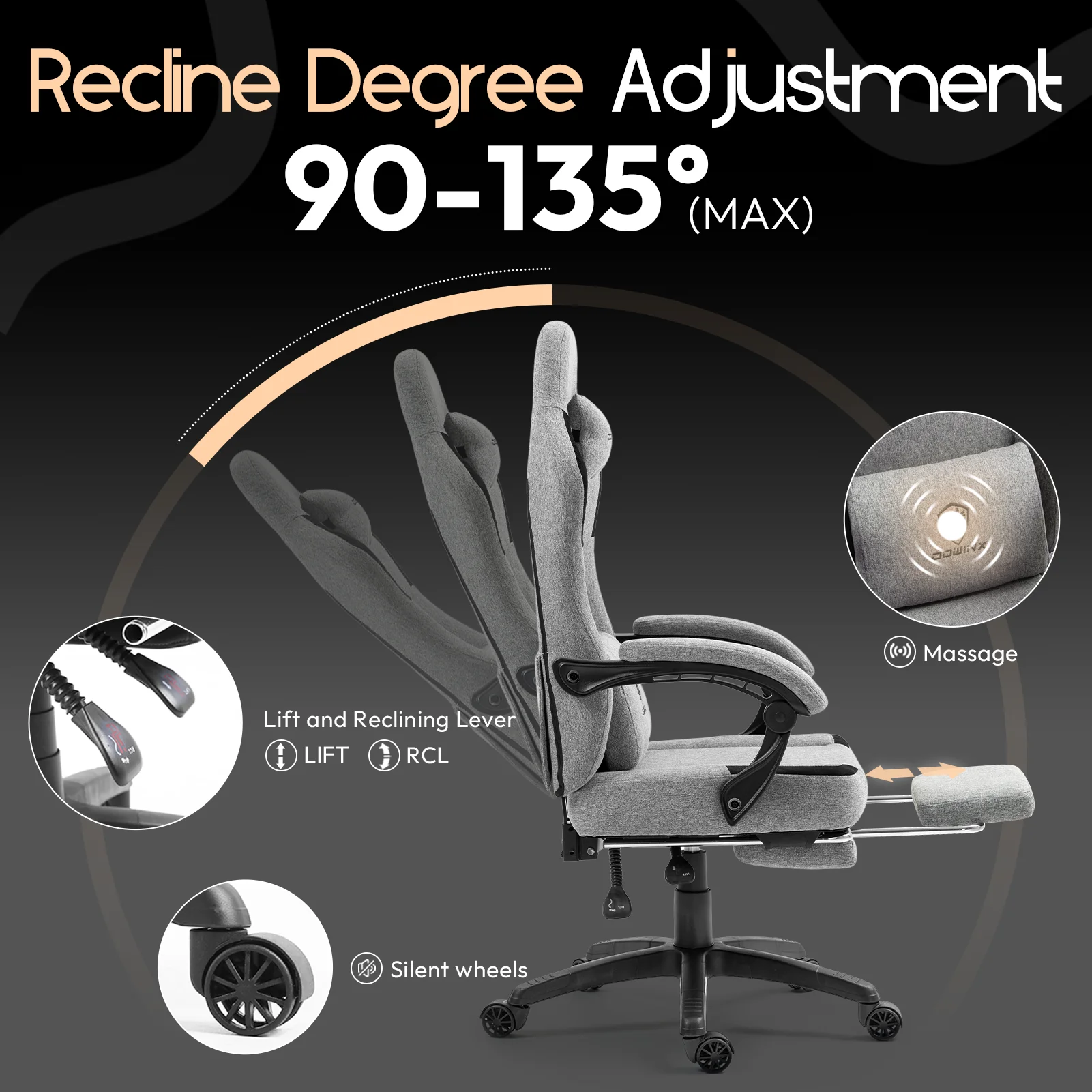 Fabric Gaming Chair with Pocket Spring Cushion, Breathable Computer Chair with Massage Lumbar Support and Footrest, High Back Office Chair for Adults, 300lbs, Grey(Grey) - Image 10