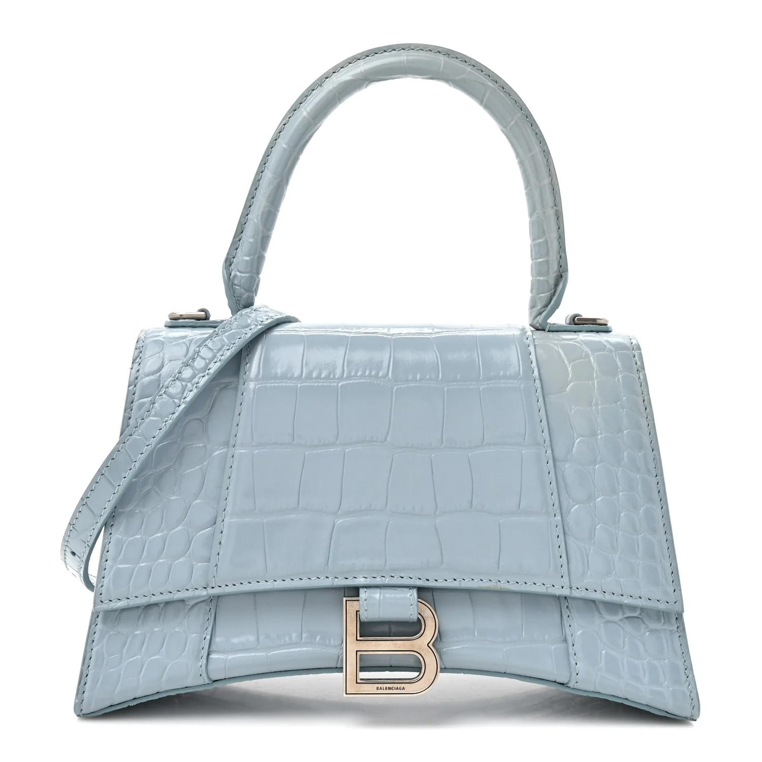 Shiny Calfskin Crocodile Embossed Small Hourglass Top Handle Bag Blue Grey
