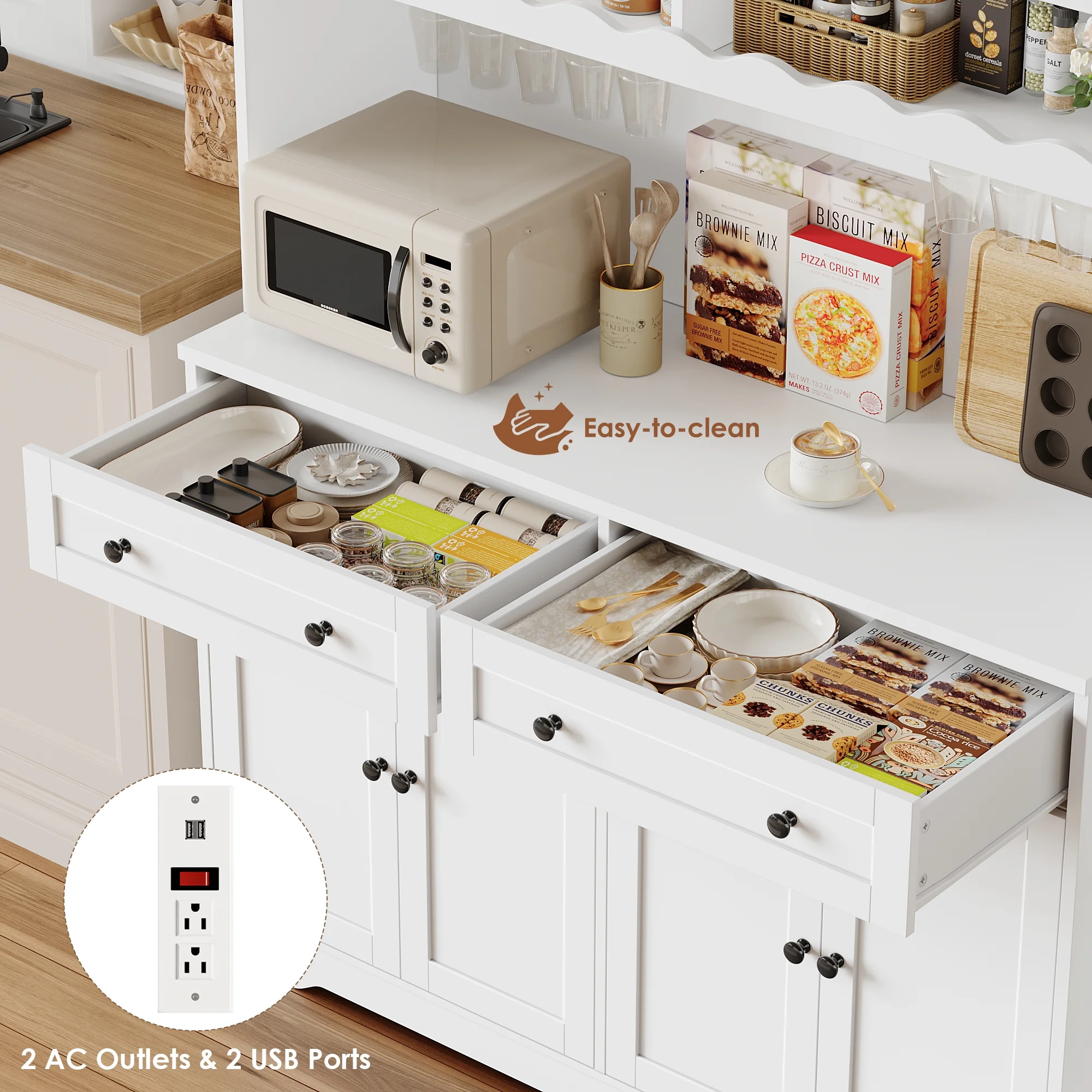75"Tall Kitchen Pantry Storage Cabinet with Power Outlet, Large Pantry Cabinet with Microwave Stand, Modern Freestanding Cupboard Hutch for Home Dinning Room, White(White) - Image 5