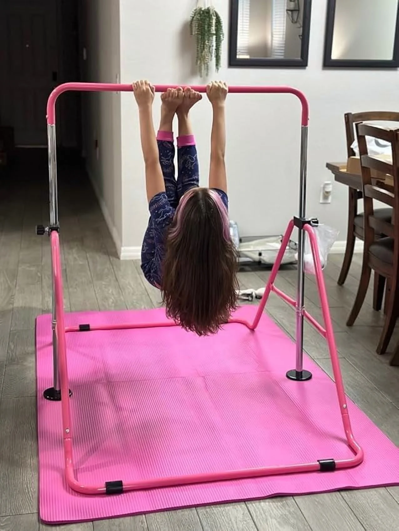 Gymnastics Bar with Mat for Kids, Height Adjustable Junior Training Bar Mat for Home, Folding Gymnastic Horizontal Bars Equipment (Pink+Mat)(PINKBARMAT) - Image 4
