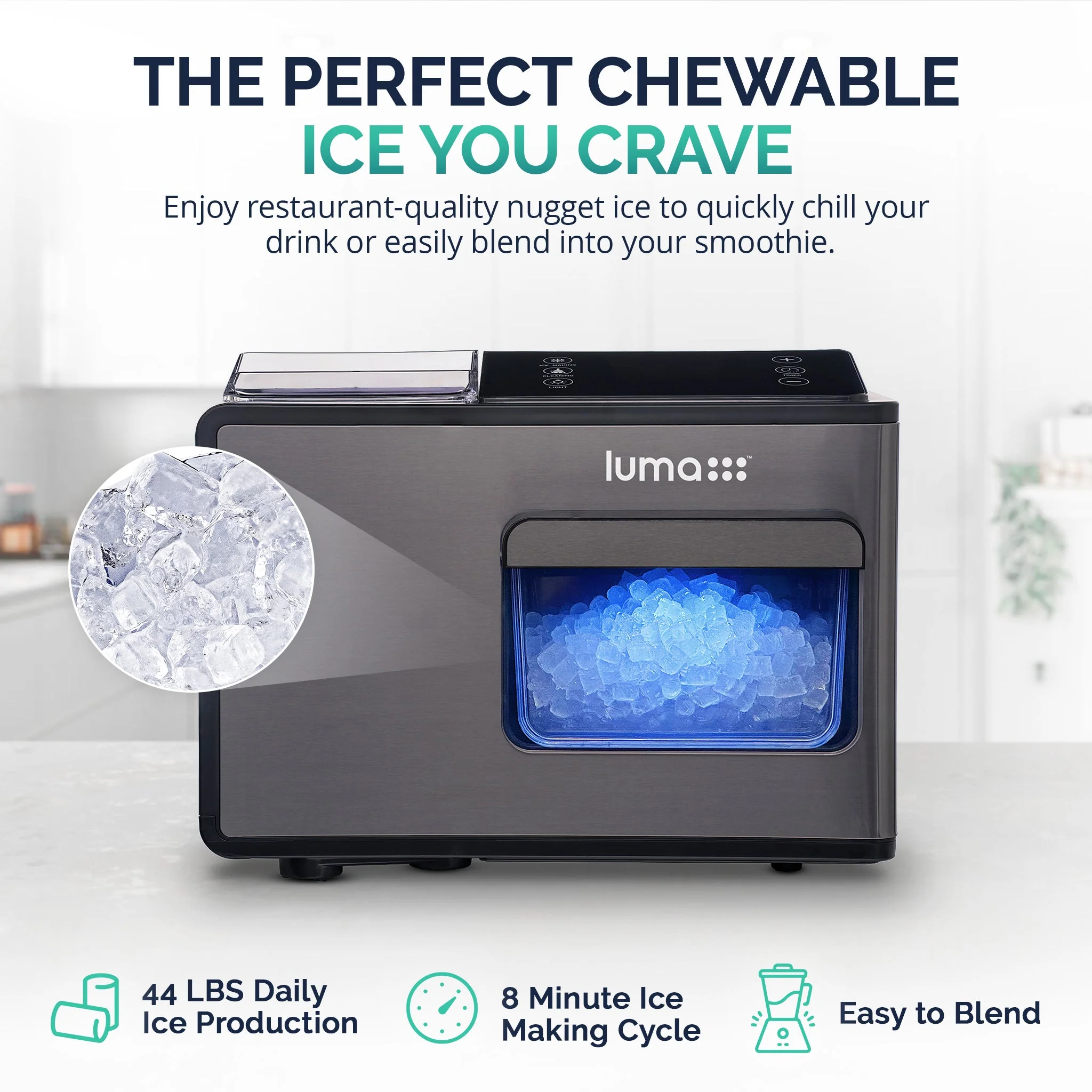 Luma Countertop Ice Maker. Nugget Ice, 44 lbs/day - Black Stainless Steel