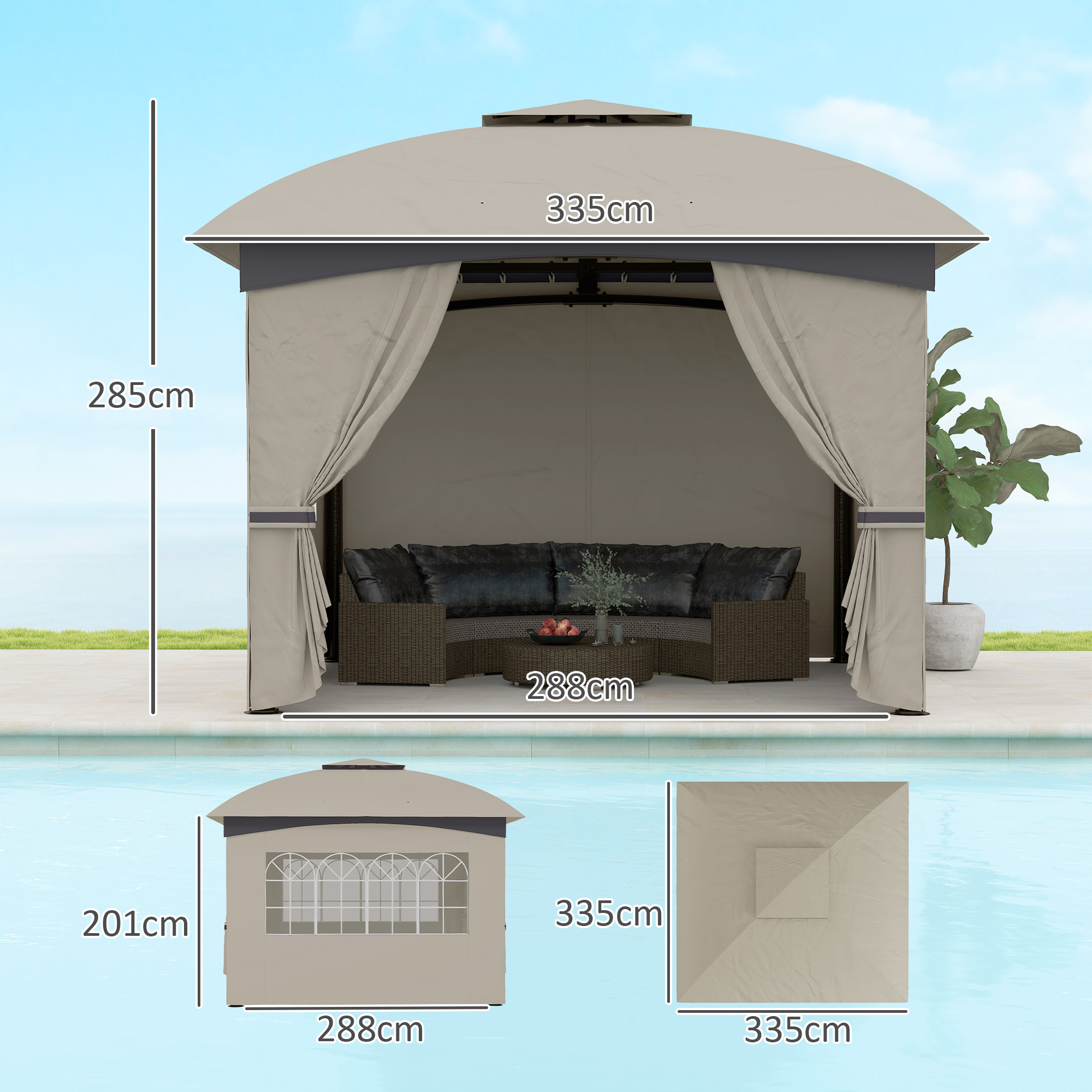 Outsunny 3,4 x 3,4 m Tuinpaviljoen, Feesttent met Ventilatiedak, Boogvensters, Stalen Frame, Lichtgrijs