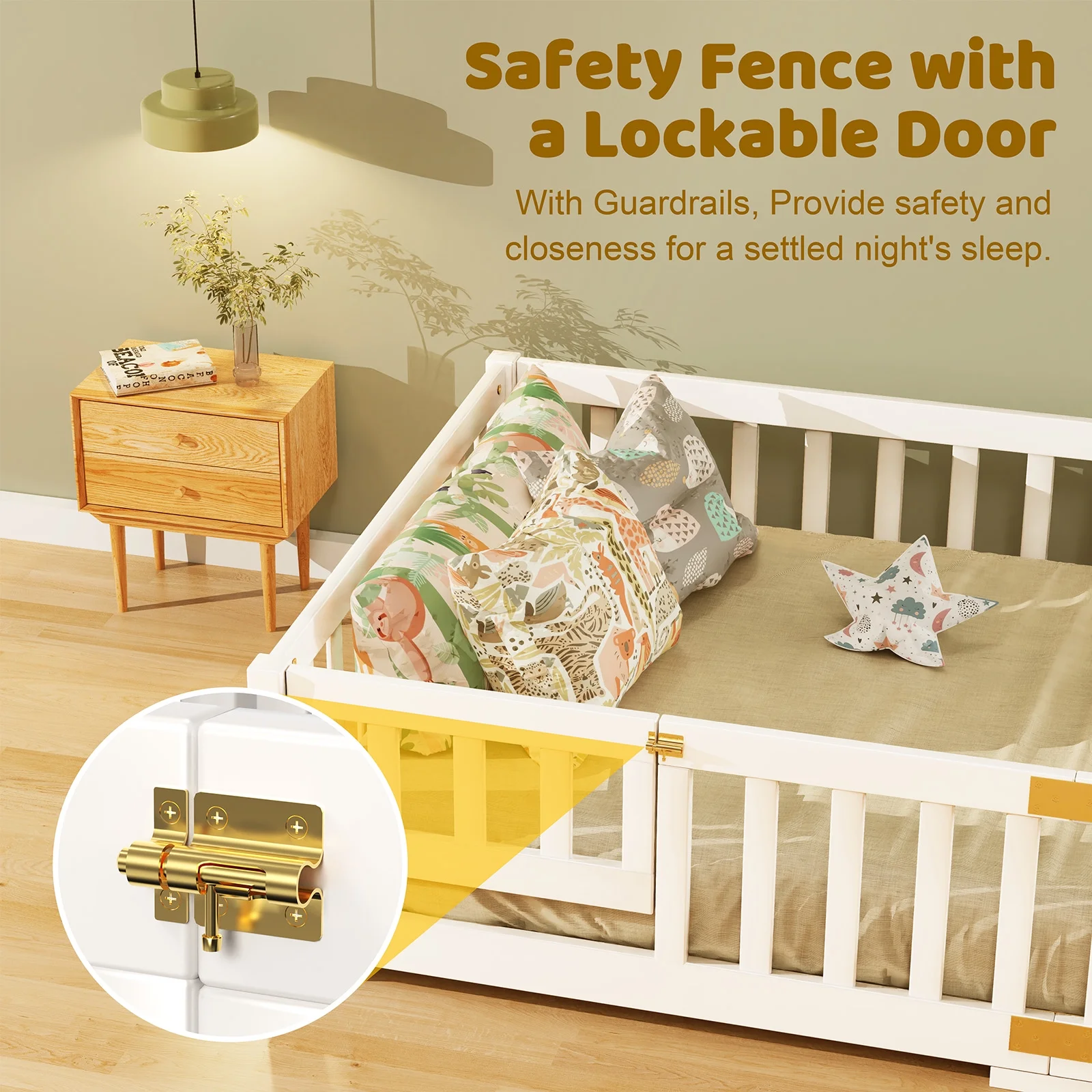 Twin Size Toddler Floor Bed, Solid Wood Montessori Bed Frame with Fence Door Montessori Floor Bed Crib with Safety Guardrails for Girls and Boys(White Twin) - Image 6
