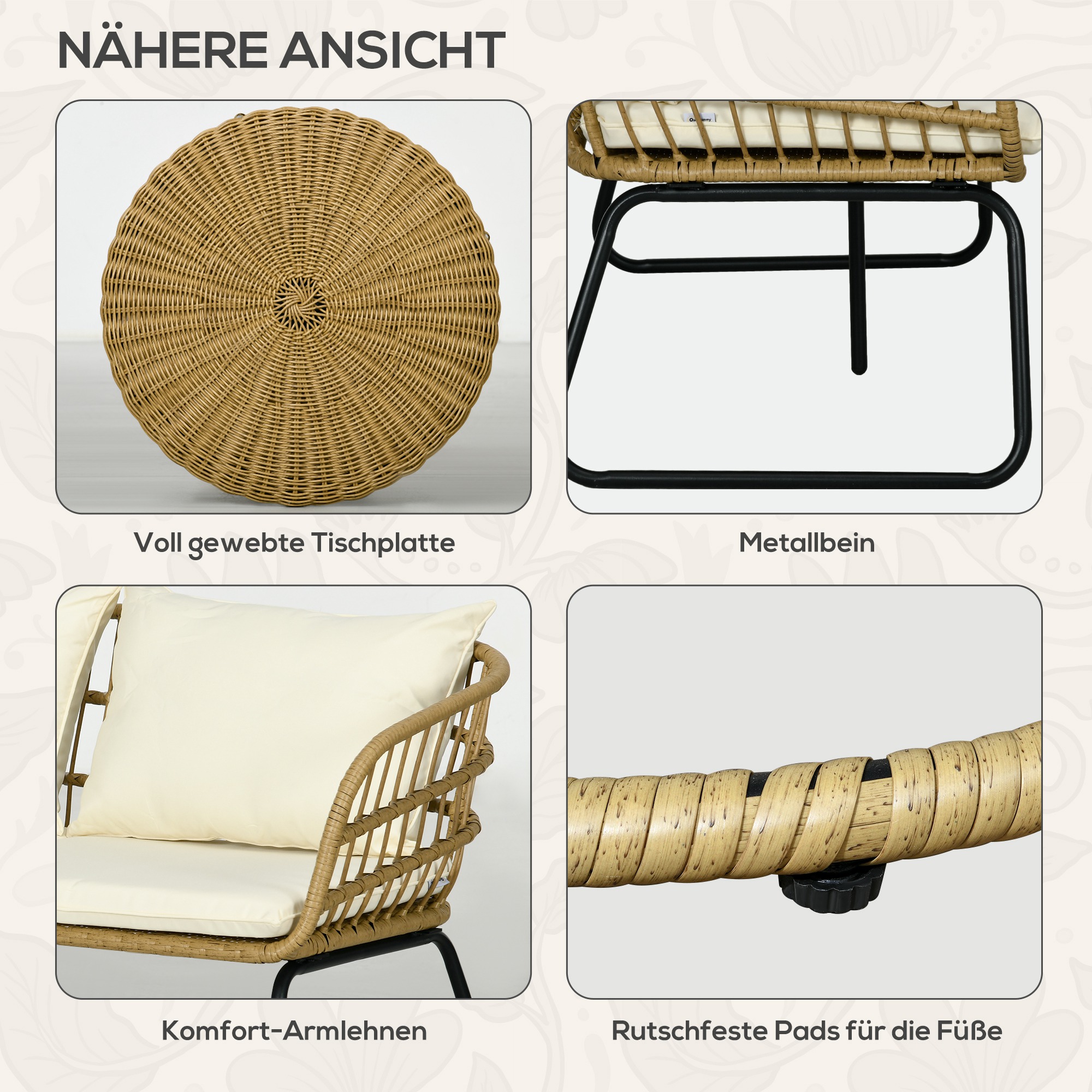 Outsunny Lounge-Set Rattan Zitgroep, Buitenmeubelset in Boho-stijl, 5-delig, 145 x 70 x 78 cm, Crème + Natuur + Zwart
