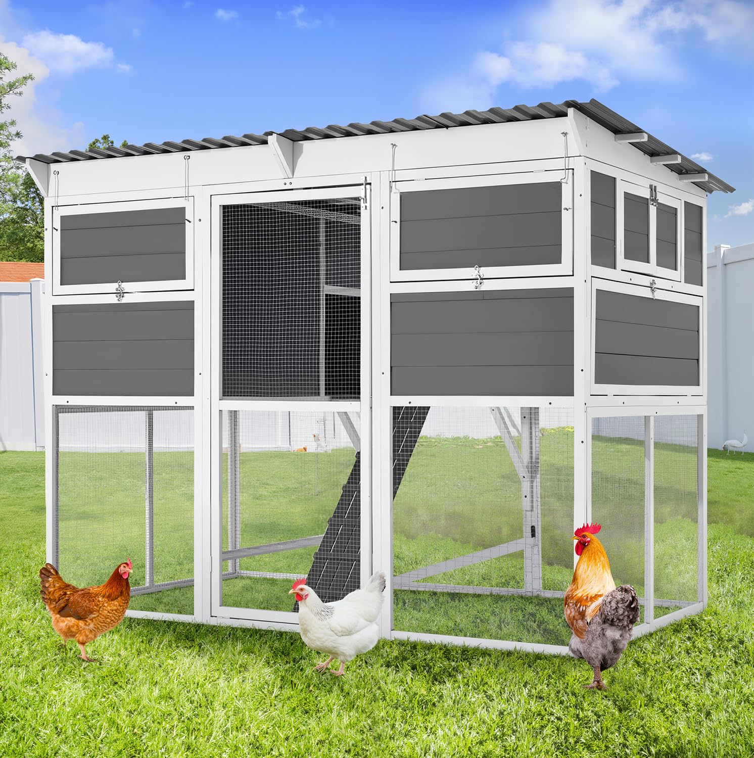 AECOJOY 83'' Extra Large Chicken Coop with Run, Wood Chicken House with 6 Nesting Boxes & Roost Bar for 6-10 Chickens